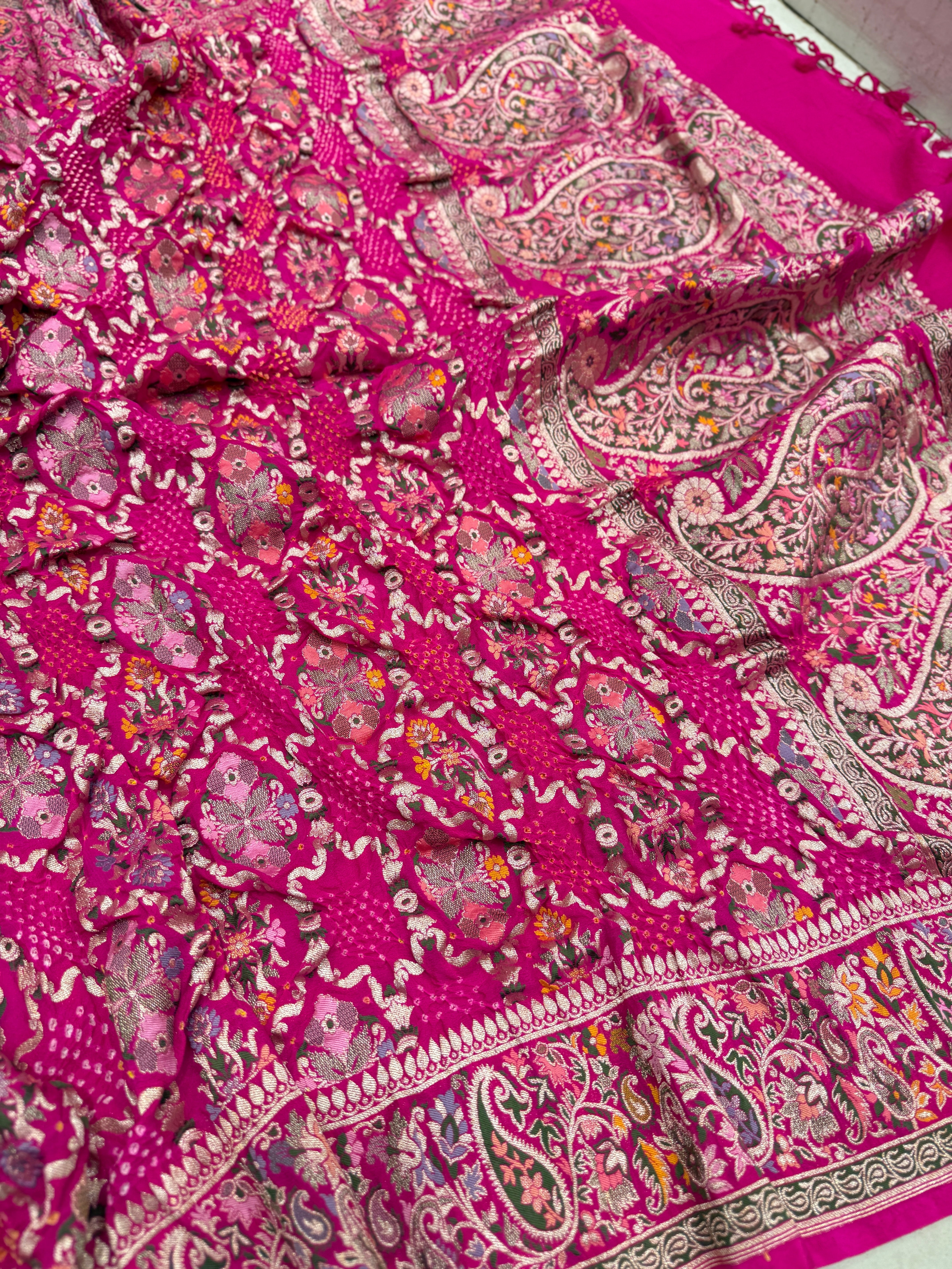 Rani Jaal Double Border Handloom Meenakari Rai Bandhej Pure Zari Dupatta