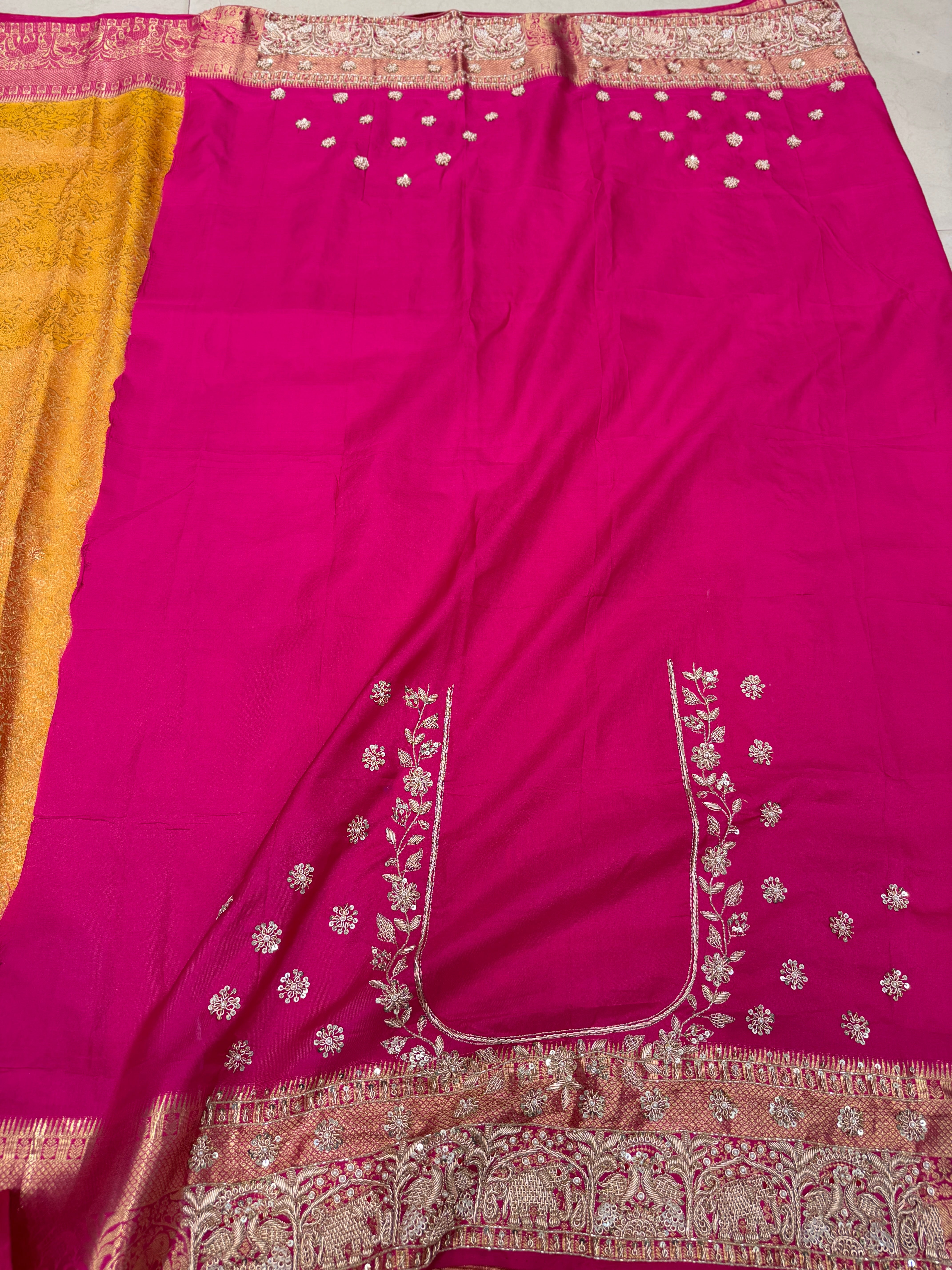 Mustard Yellow Kanjivaram Elephant Motifs Zardosi Hand Embroidery Saree