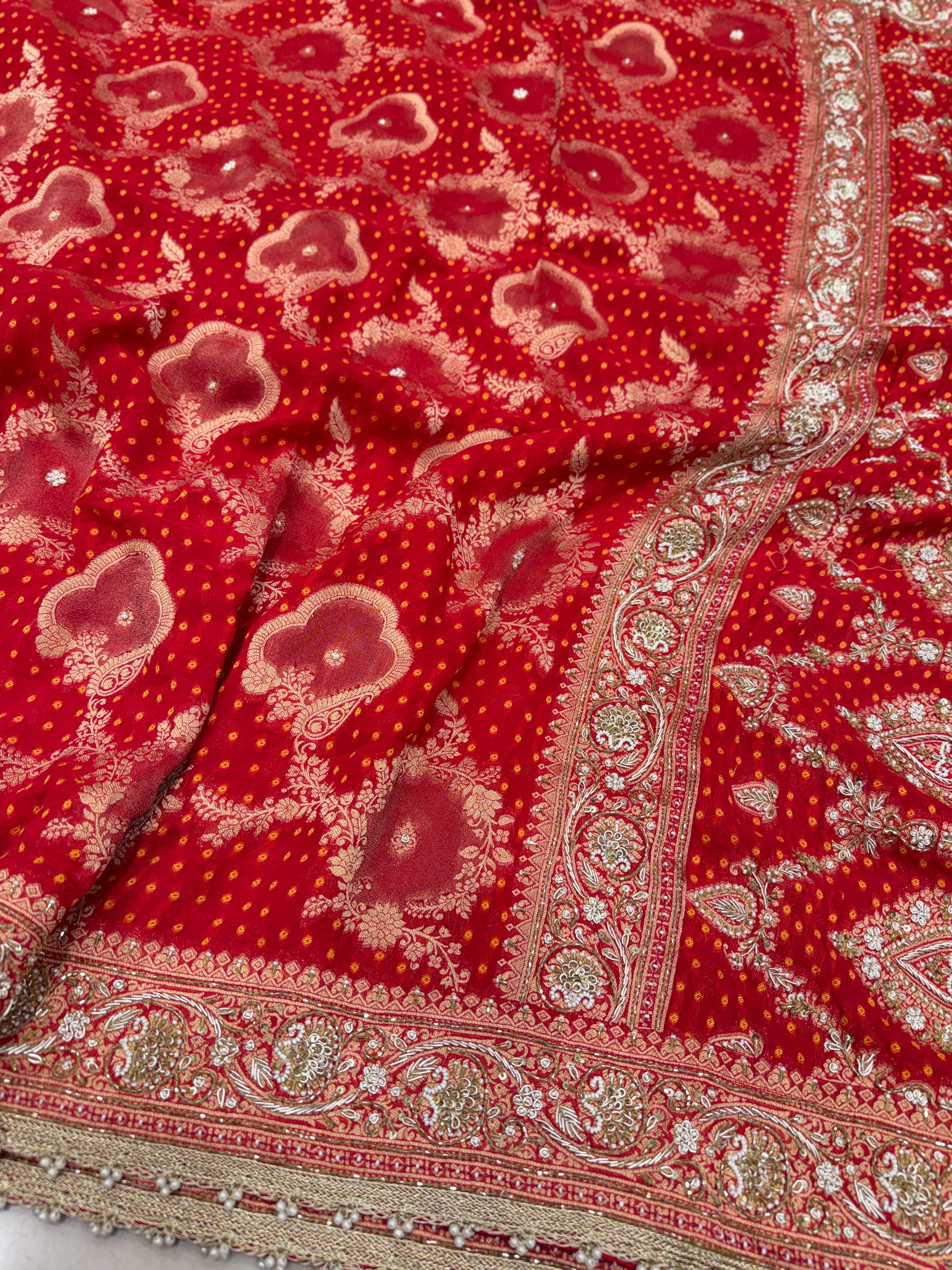 Red Woven Bandhej Zardodi Moti Hand Embroidery Saree