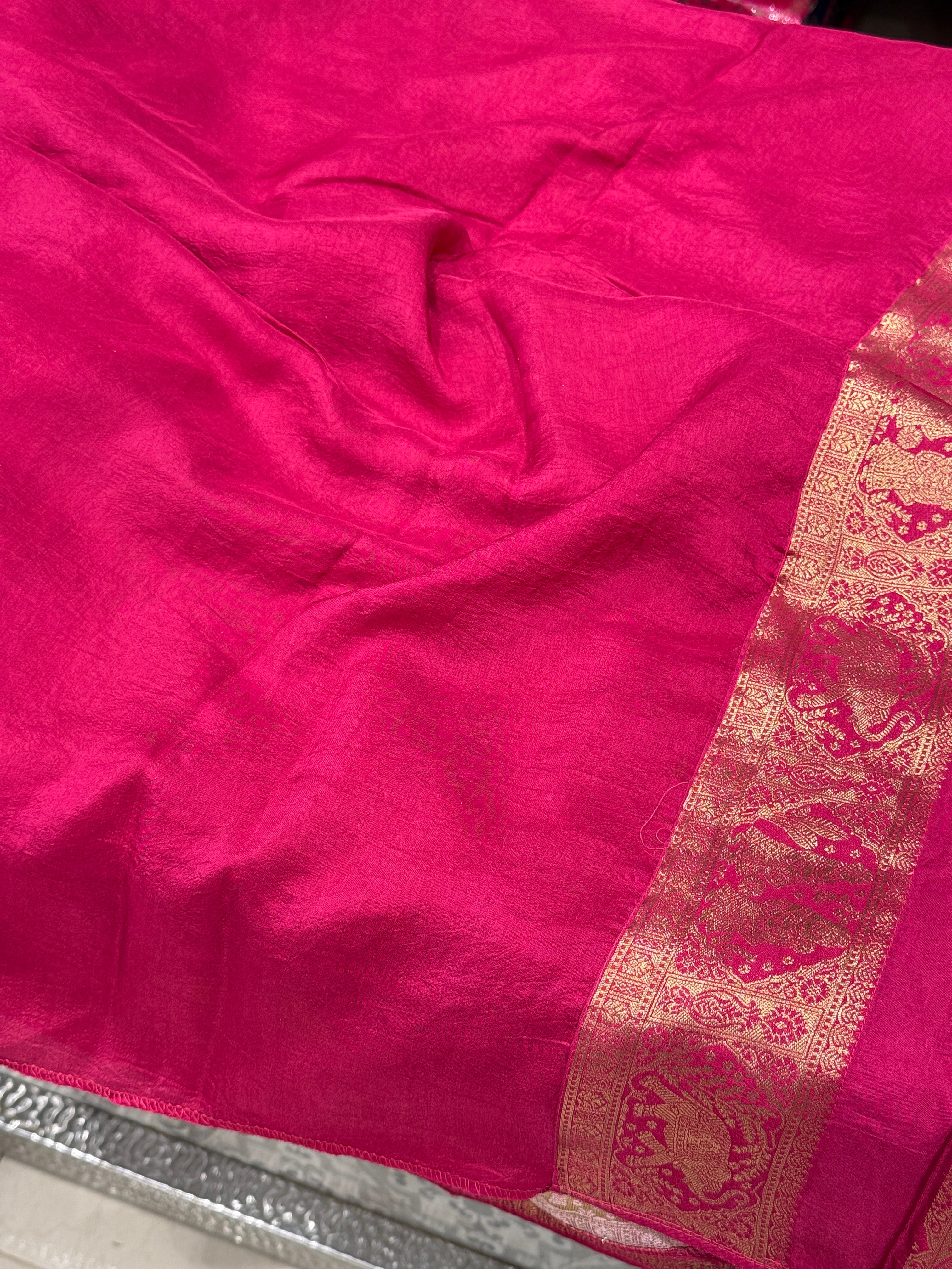 Yellow Rani Banarasi Fauna Munga Silk Saree With Pita Embroidery