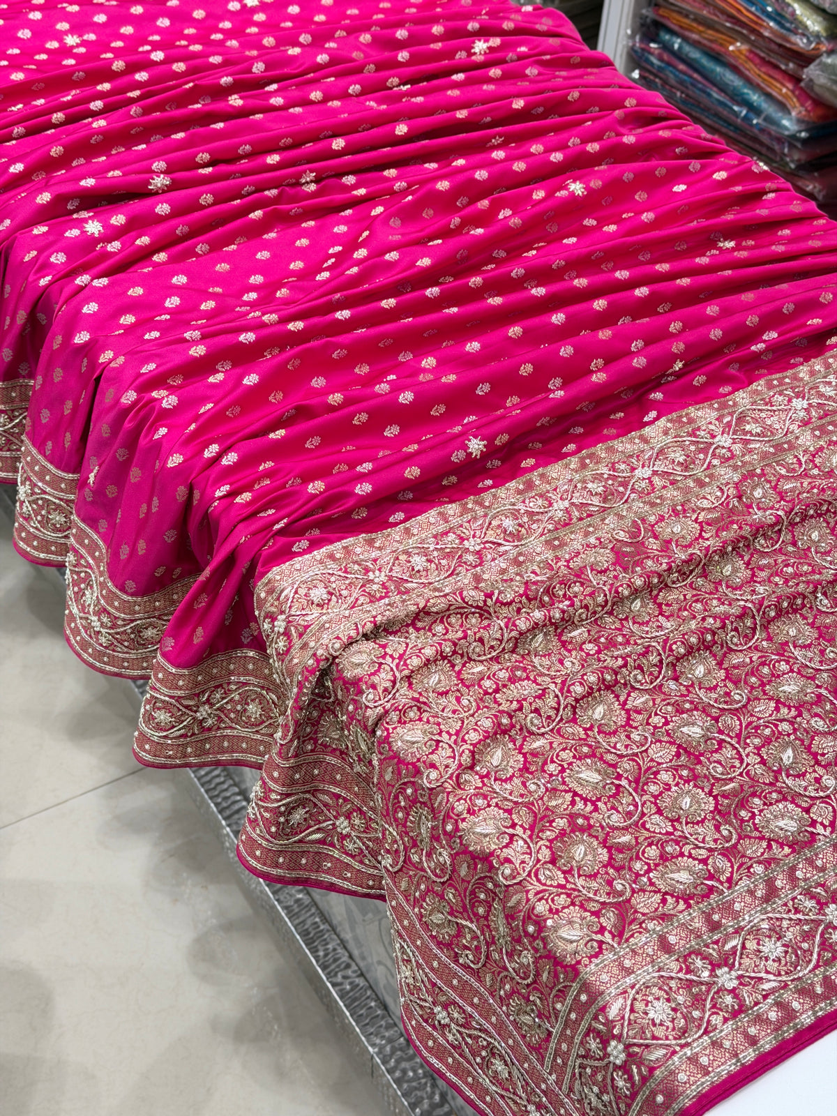 Rani Banarasi Silk Sona Roopa Buttis Zardosi Hand Embroidery Saree