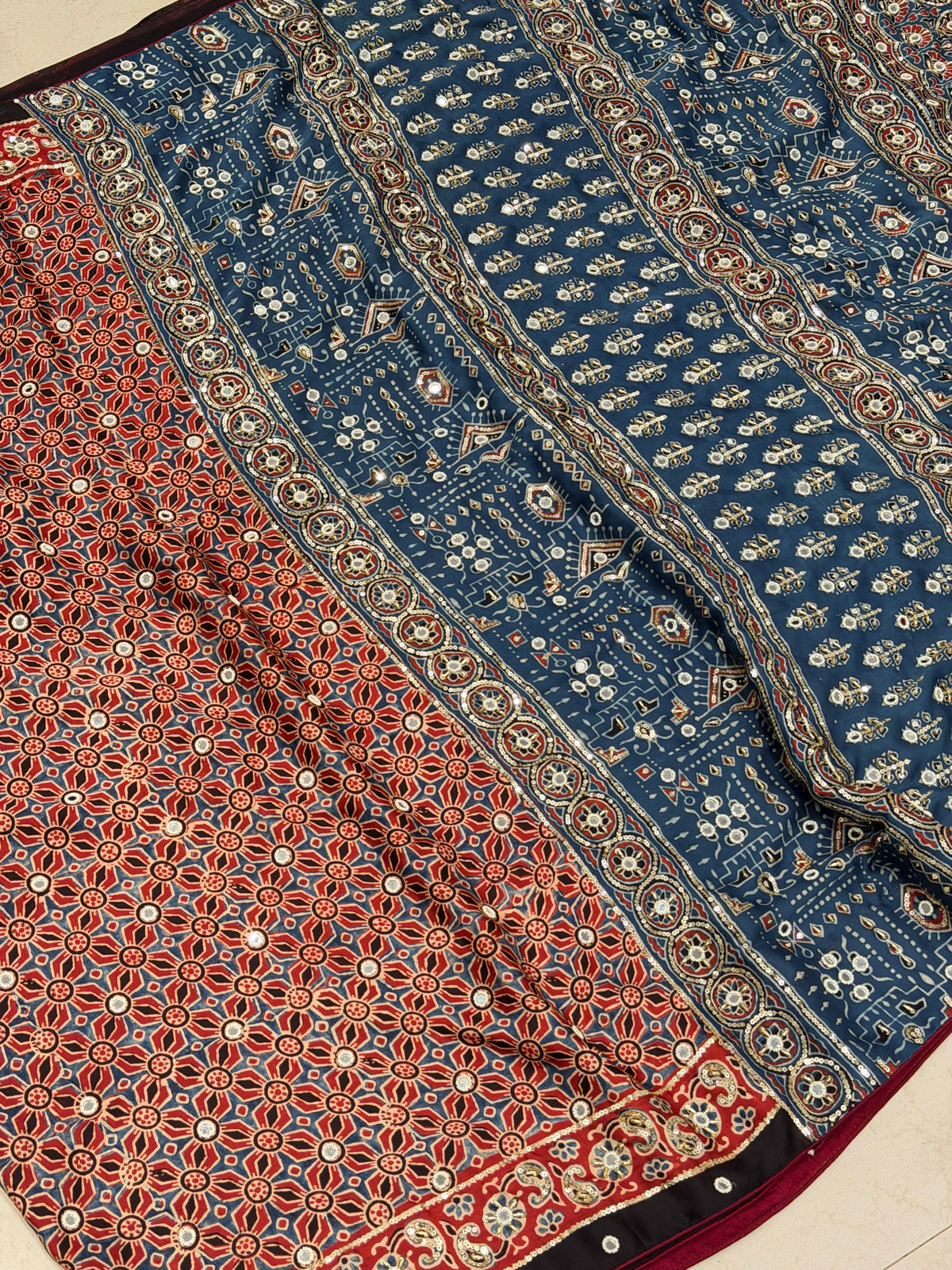 Red Blue Jaal Ajrakh Real Mirror Moti Sequin Hand Embroidery Saree