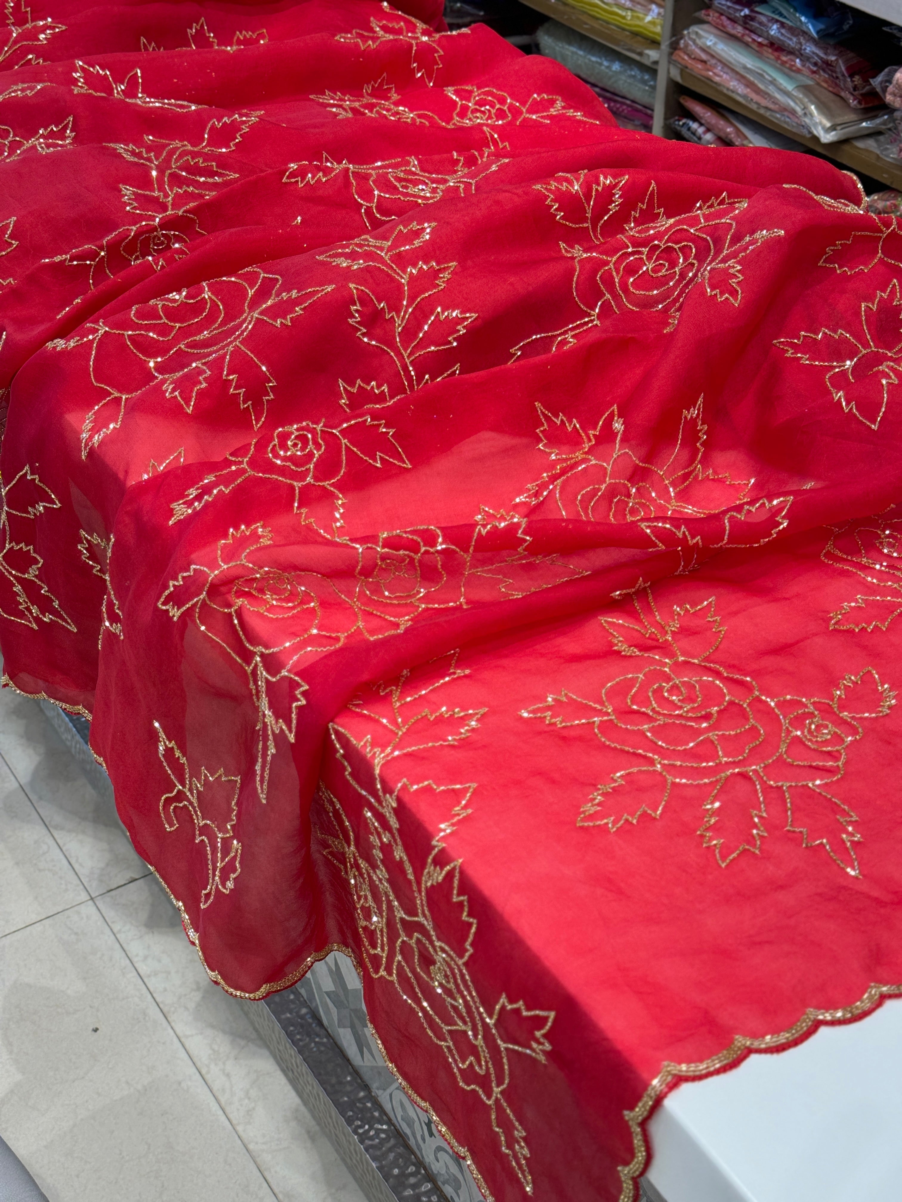 Red Pure Organza Hand Embroidery Saree