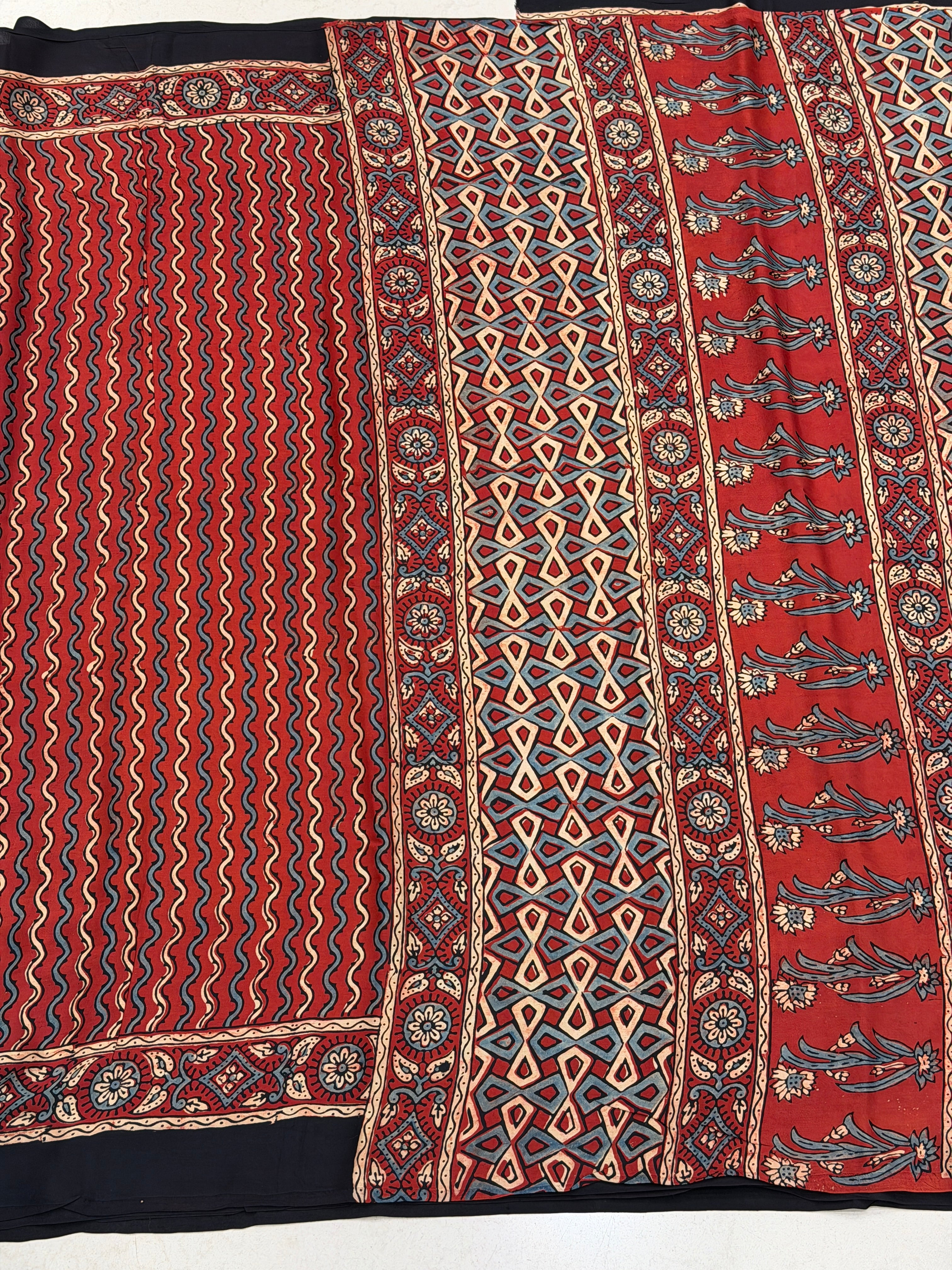 Red Squiggly Lines Ajrakh Hand Block Print Pure Modal Silk Saree