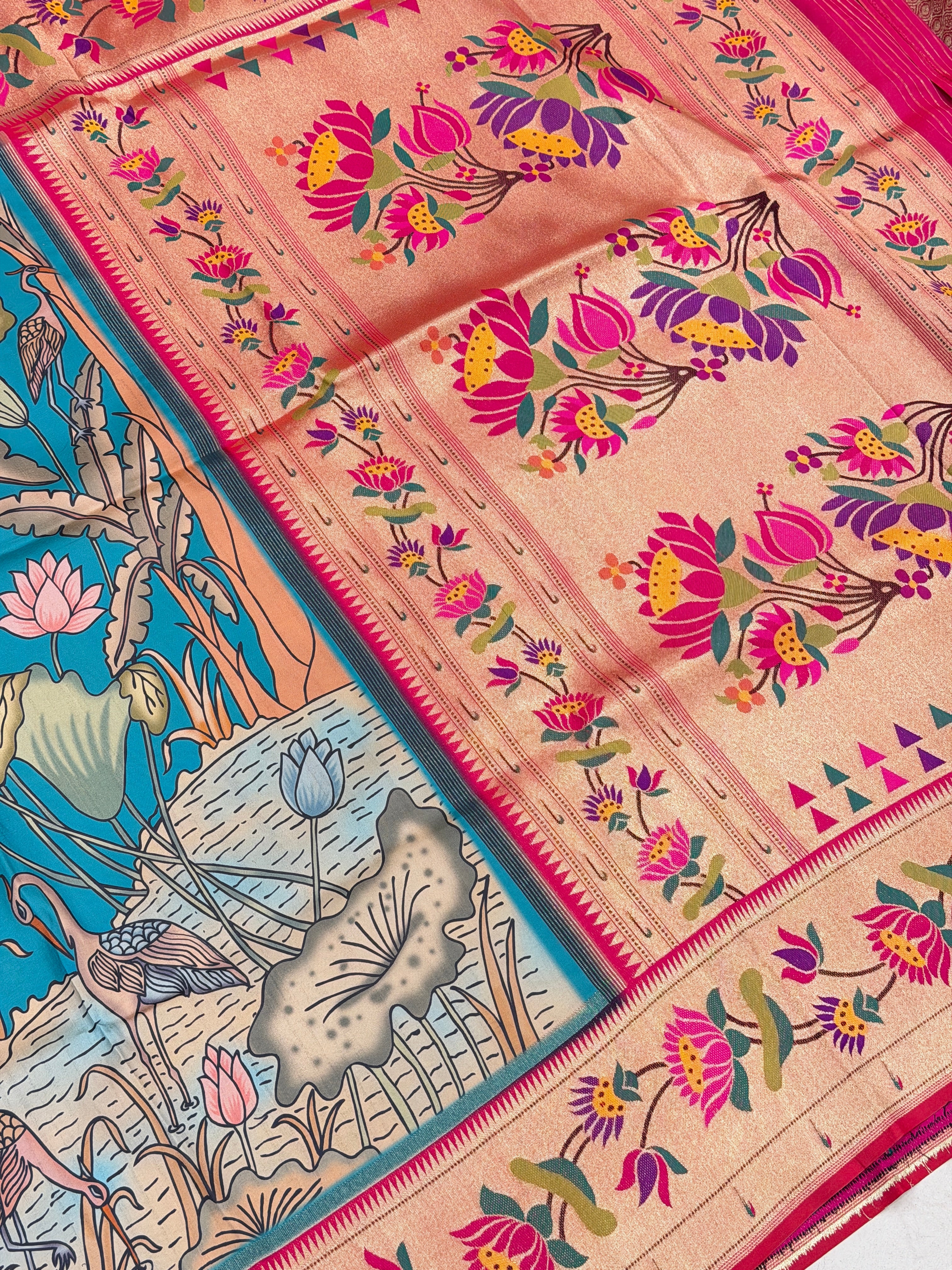 Blue Kalamkari Print Paithani Weaved Soft Silk Saree