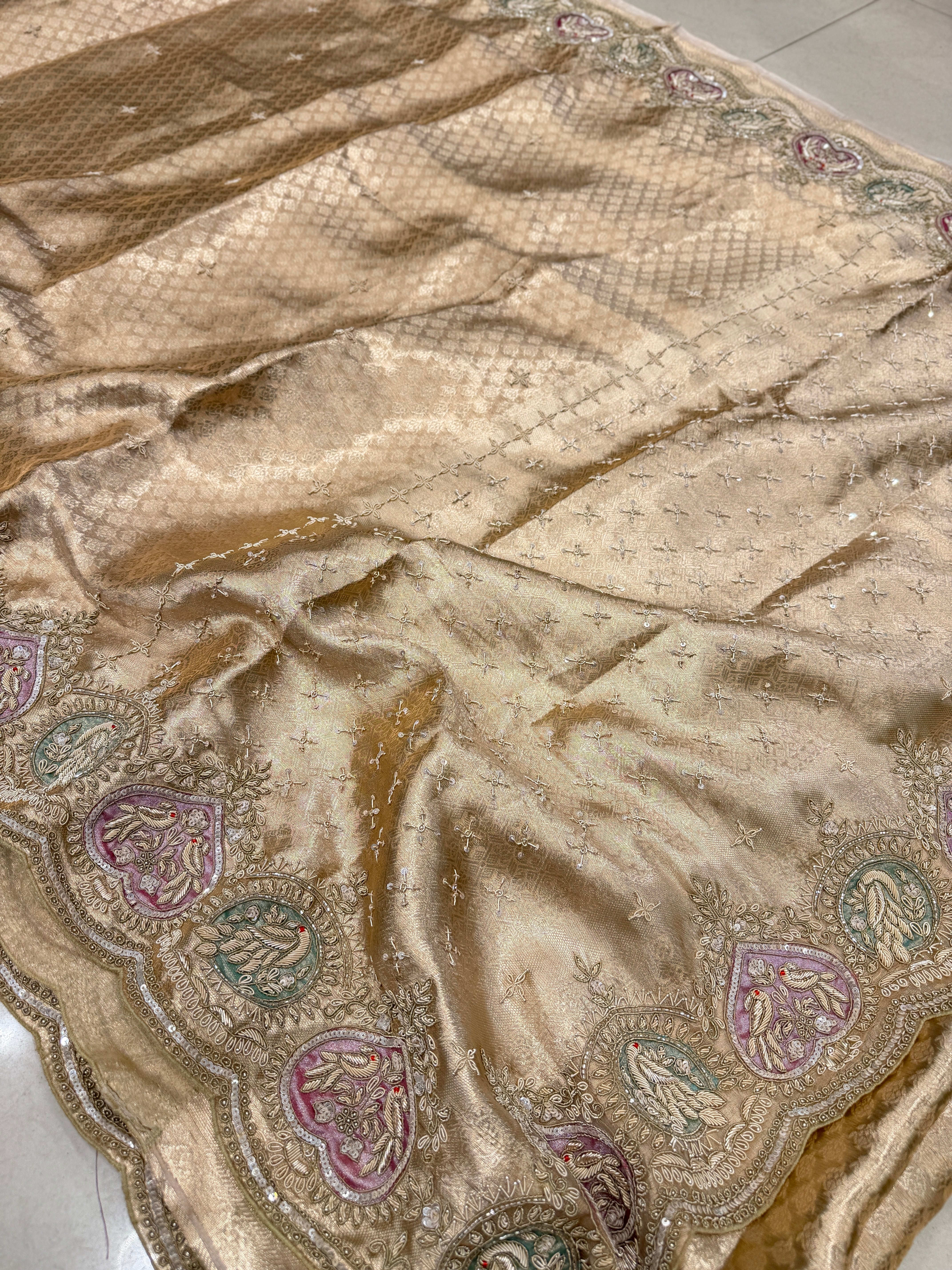 Golden Tissue Kanjivaram Zardosi Patch Work Hand Embroidery Saree