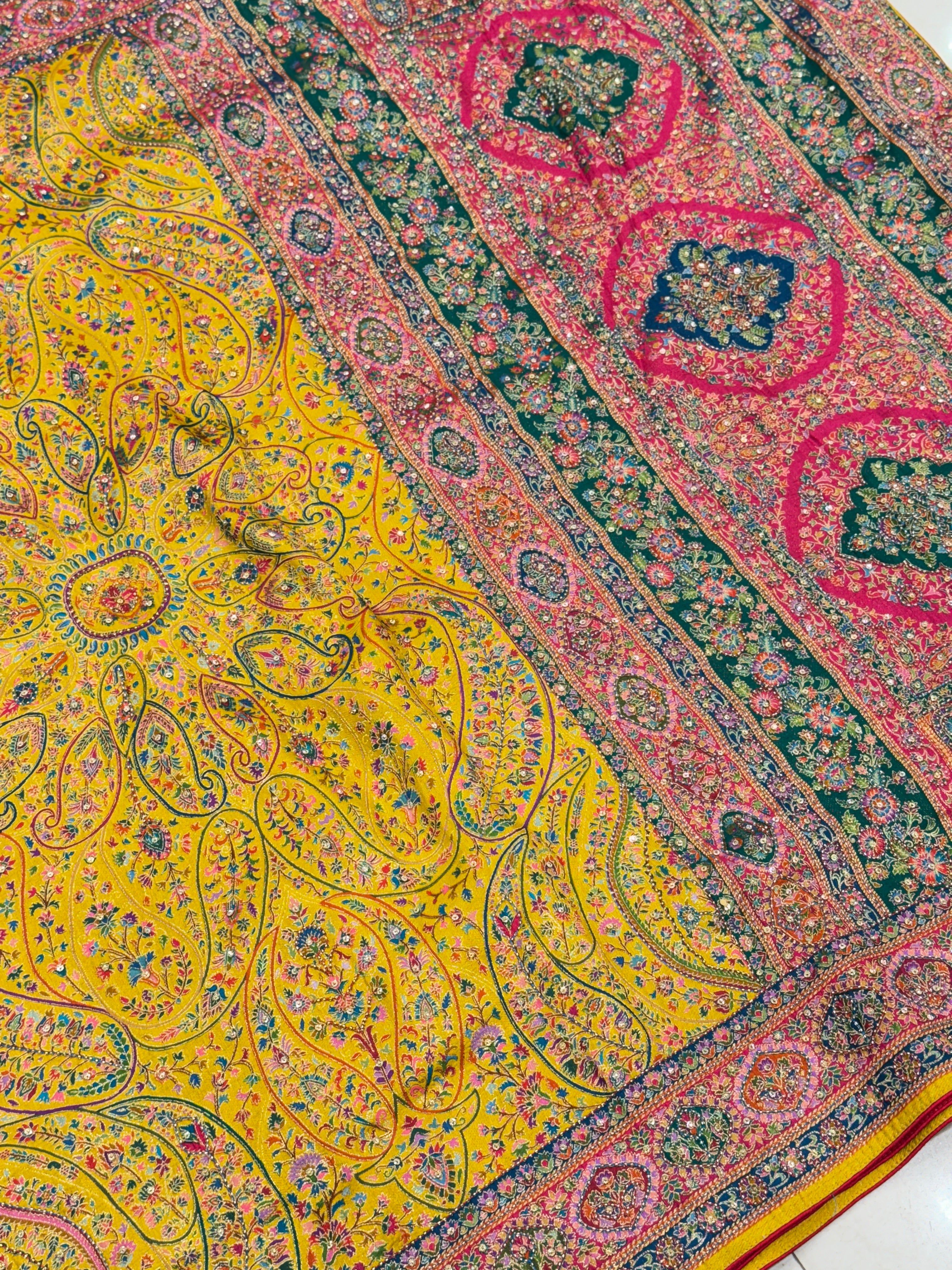 Yellow Banarasi Munga Pashmina Style Hand Embroidery Saree