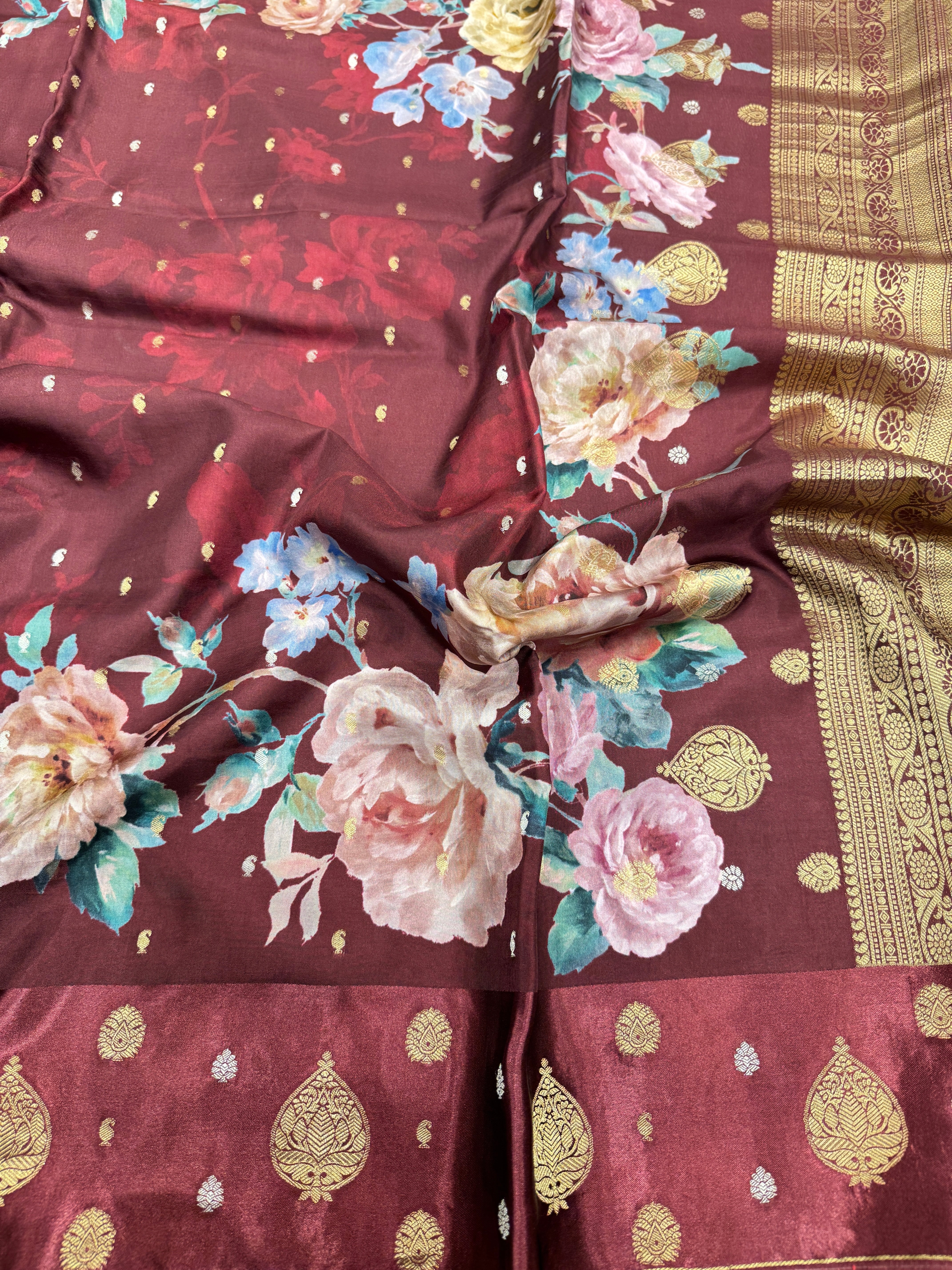 Wine Printed Silk Satin Border Saree