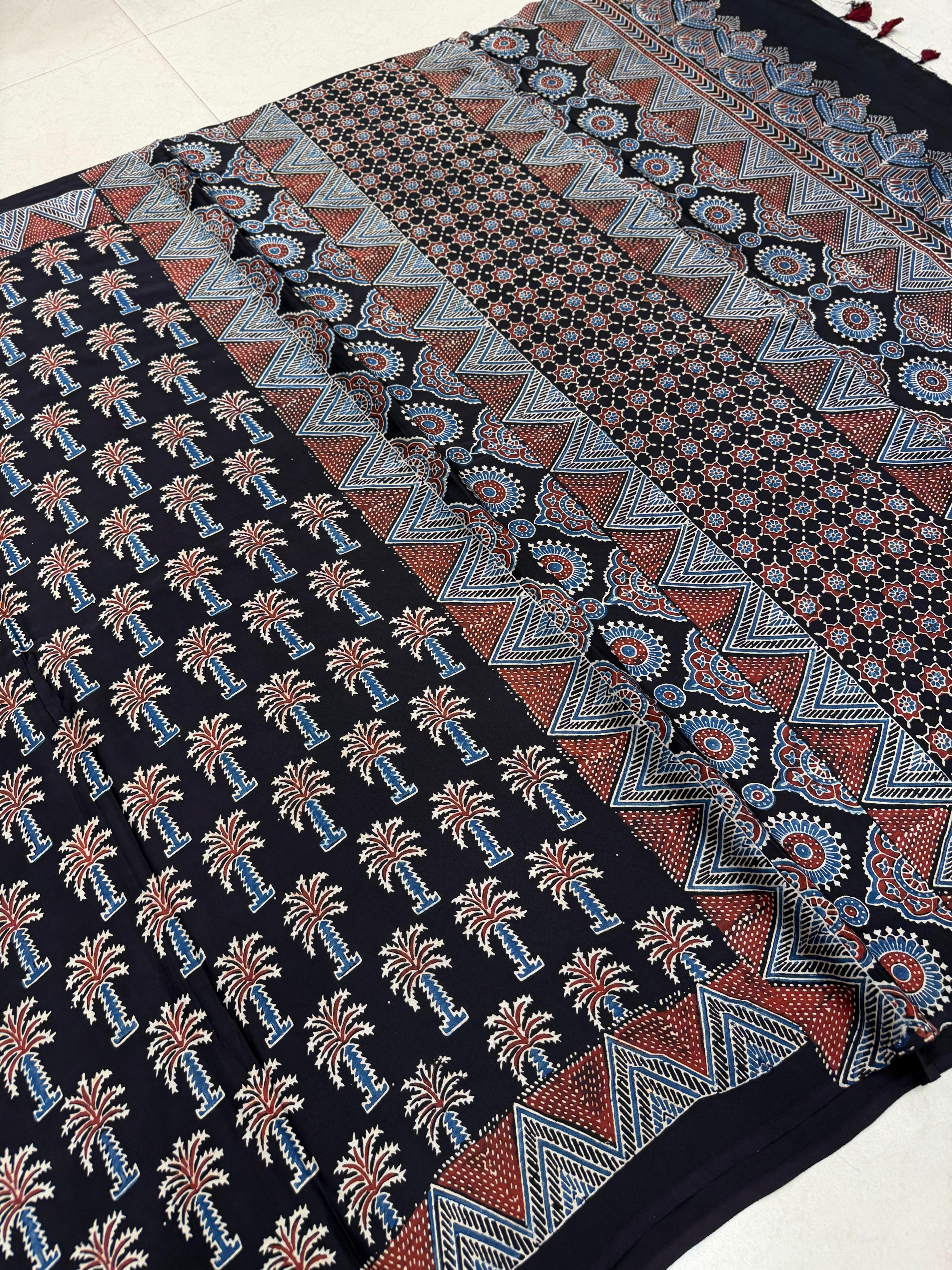 Black Palm Tree Butta Ajrakh Hand Block Print Pure Gajji Silk Saree