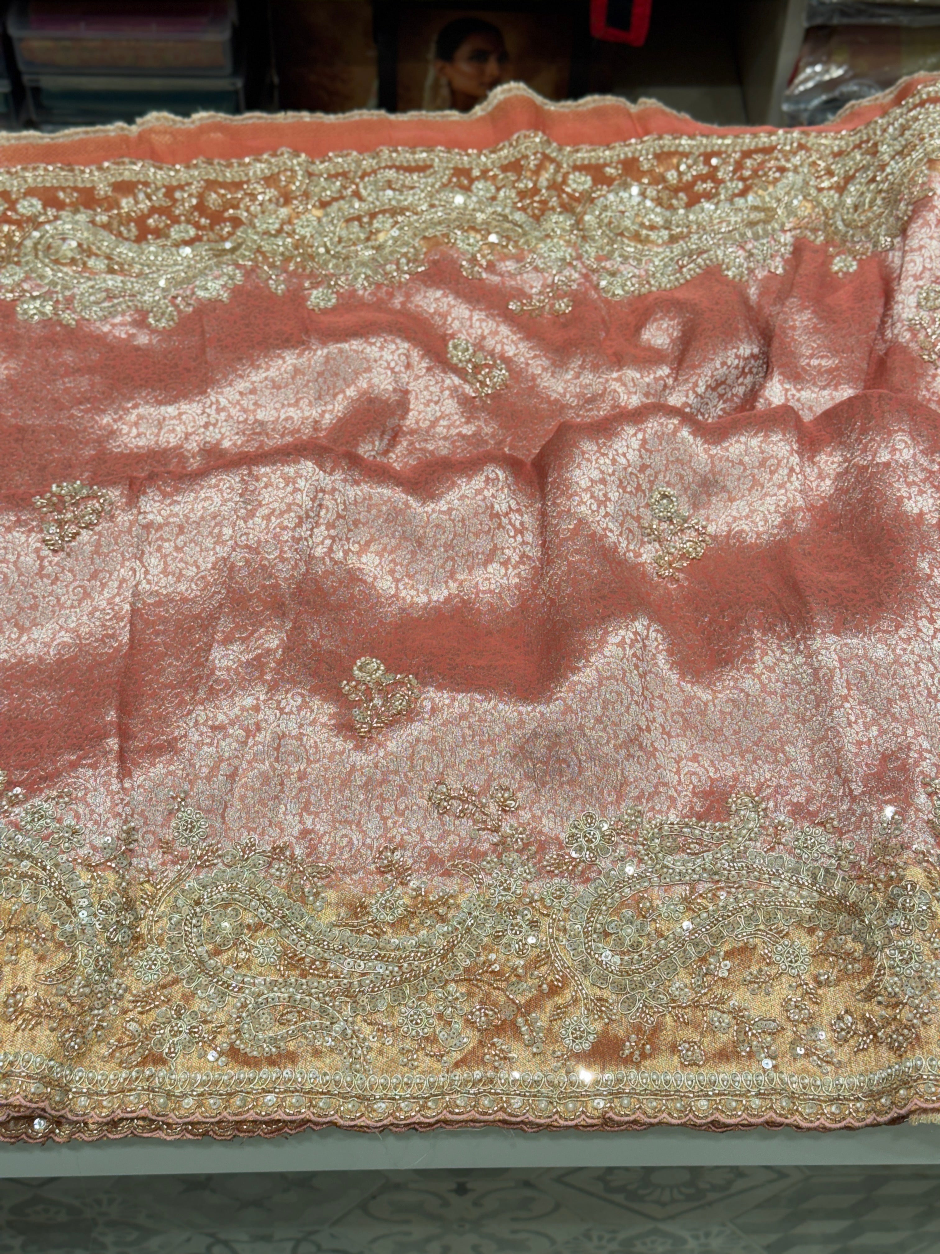 Pink Soft Silk Crystal Moti Embroidered Saree