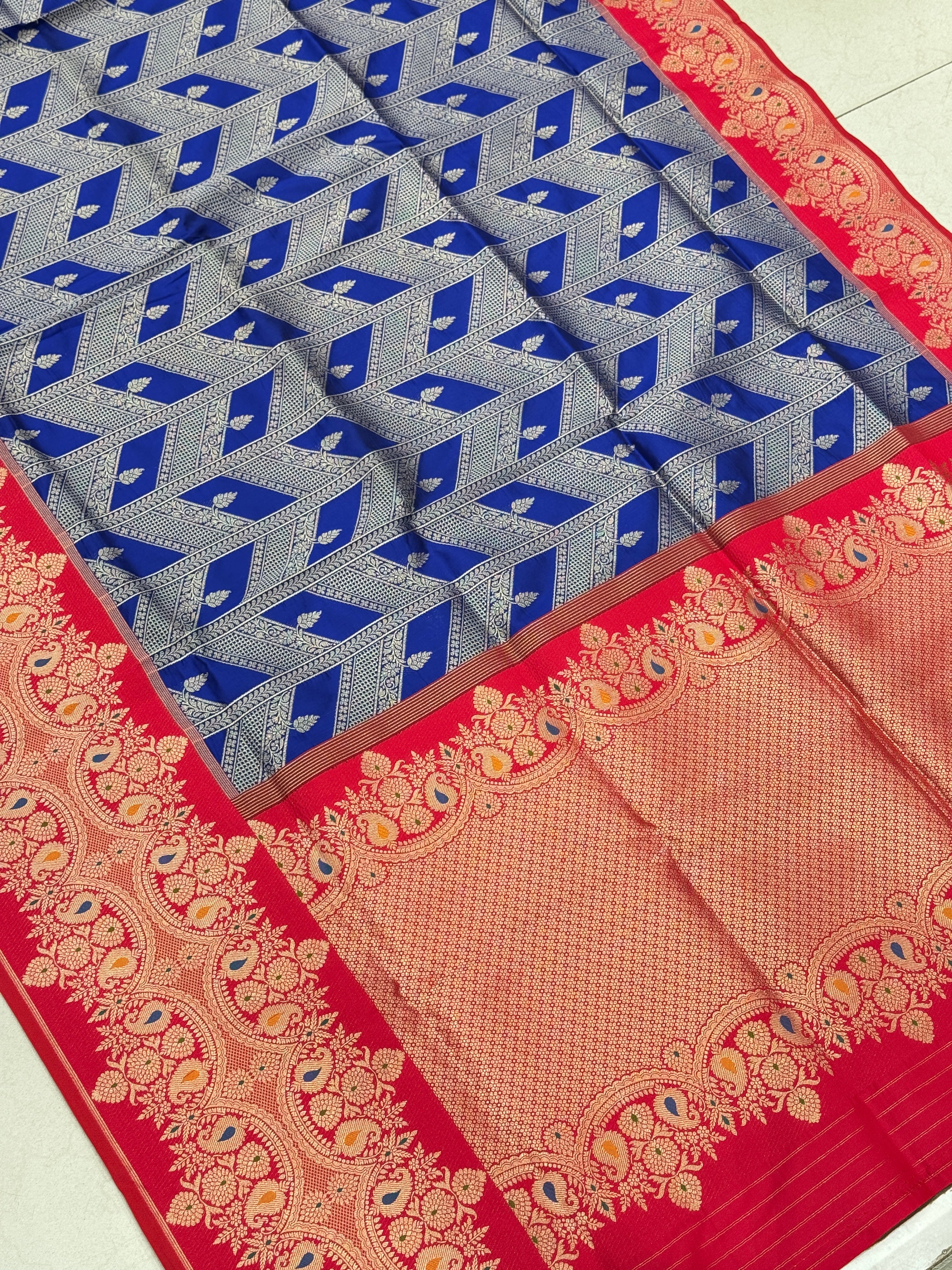 Royal Blue Contemporary Red Border Banarasi Silk Saree