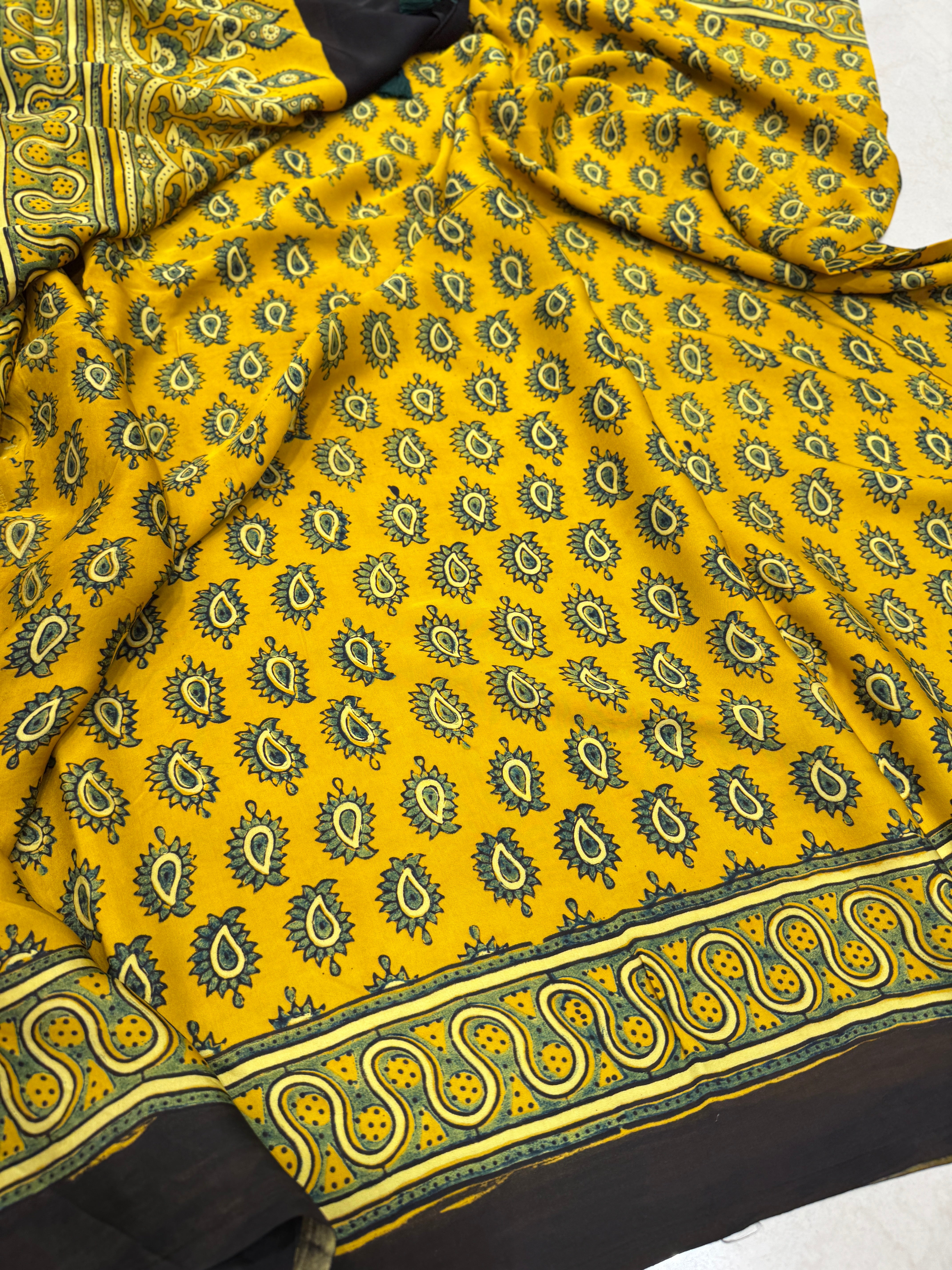 Yellow Floral Buttas Ajrakh Saree Modal Gajji Silk Hand Block Print