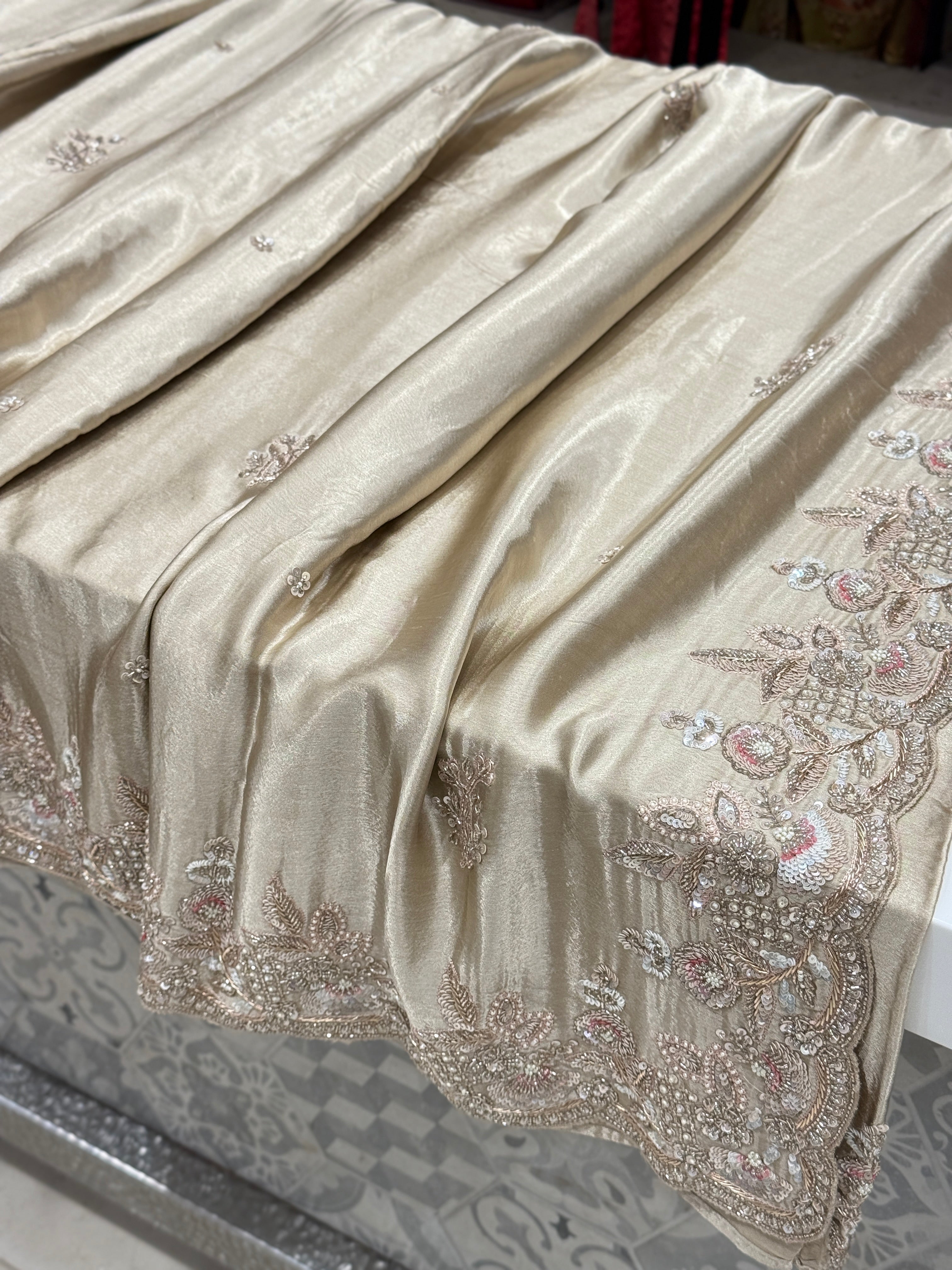 Champagne Satin Hand Embroidery Zardosi Saree