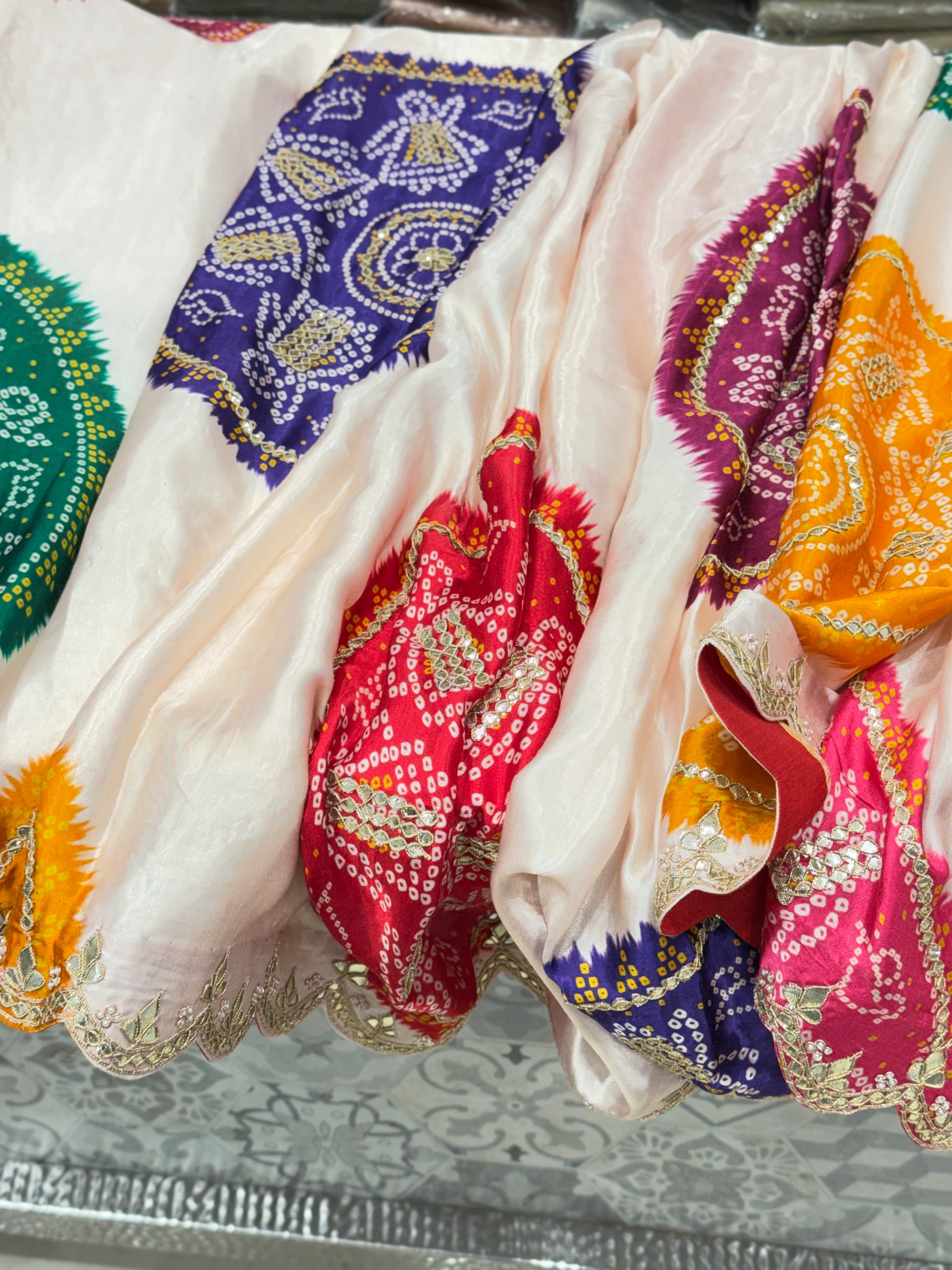 Moti White Gajji Silk Bandhej Print Hand Done Gotapatti Saree