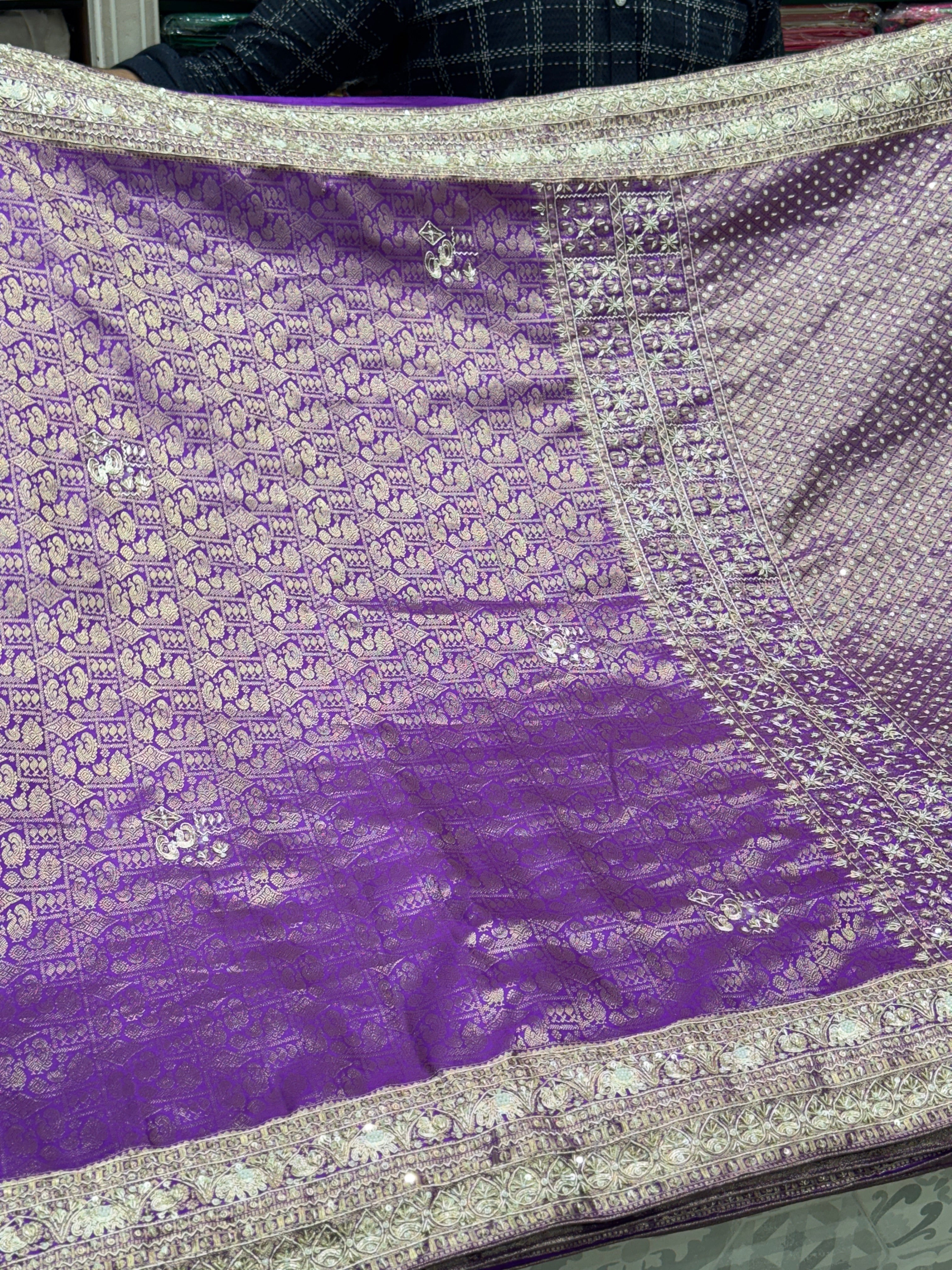 Violet Kanjivaram Peacock Motif Zardozi Hand Embroidery Saree