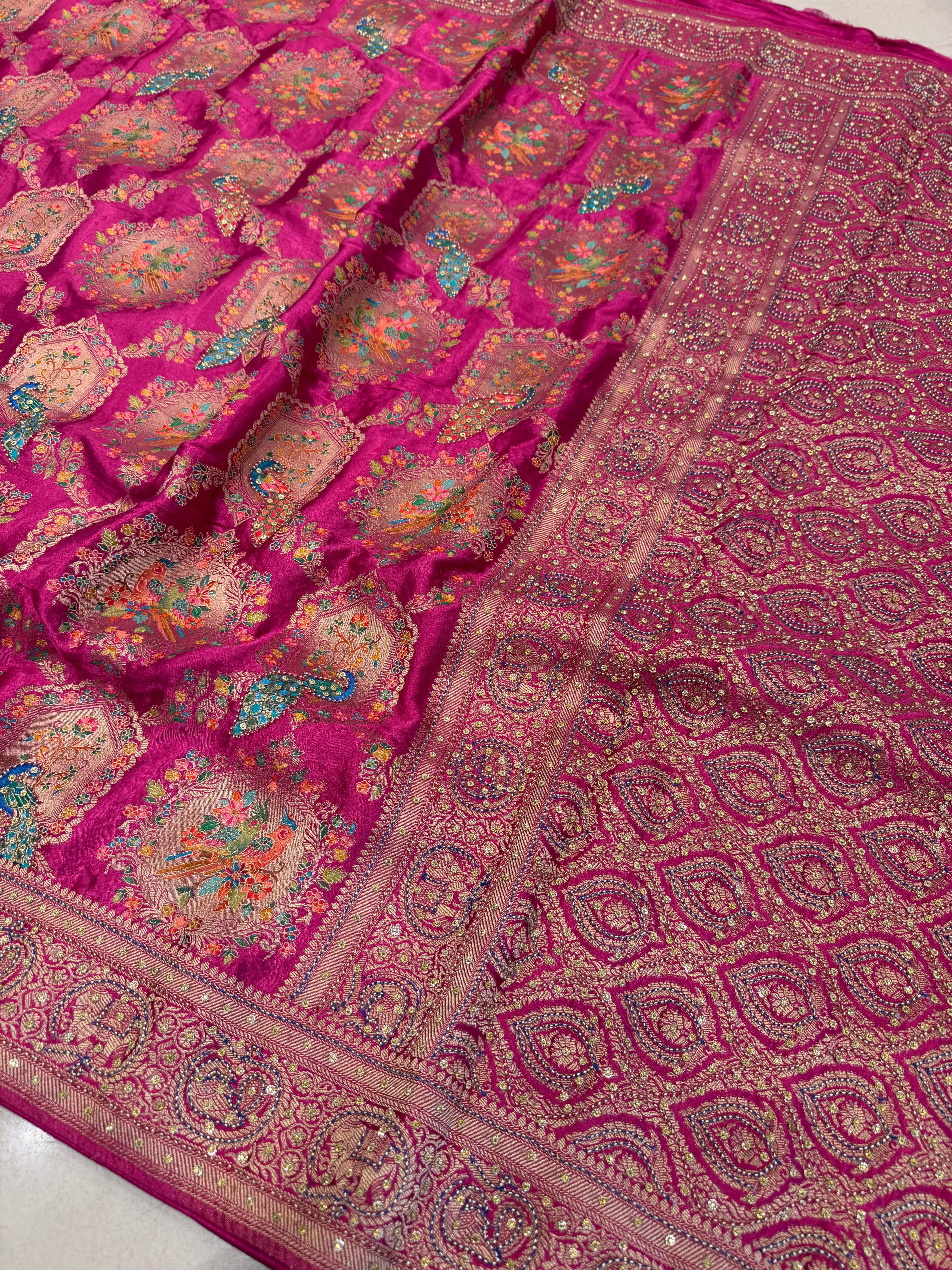 Wine Banarasi Modal Peacock Motif Kutchi Hand Embroidery Saree