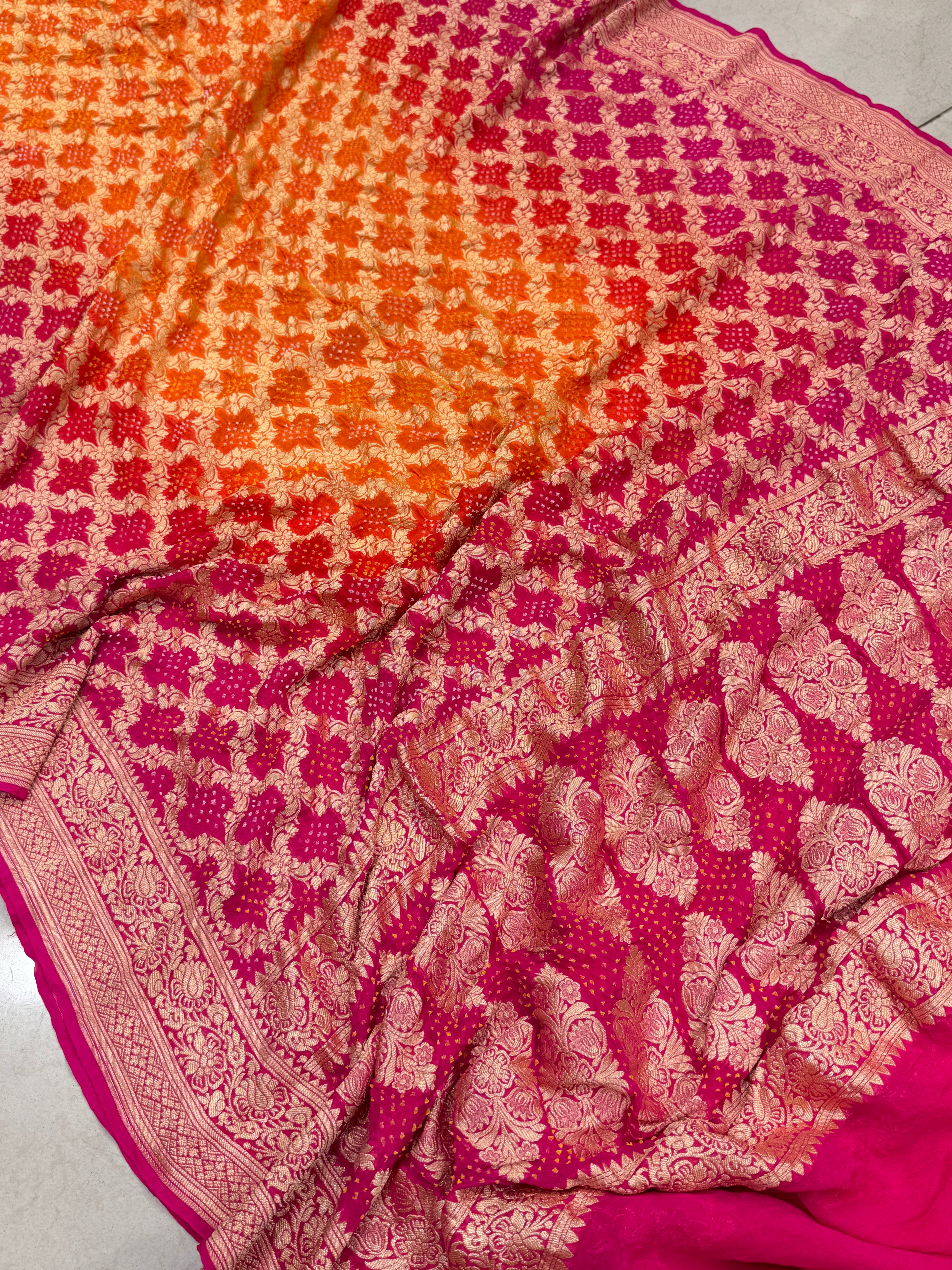 Orange Rani Shaded Bandhej Bandhini Saree