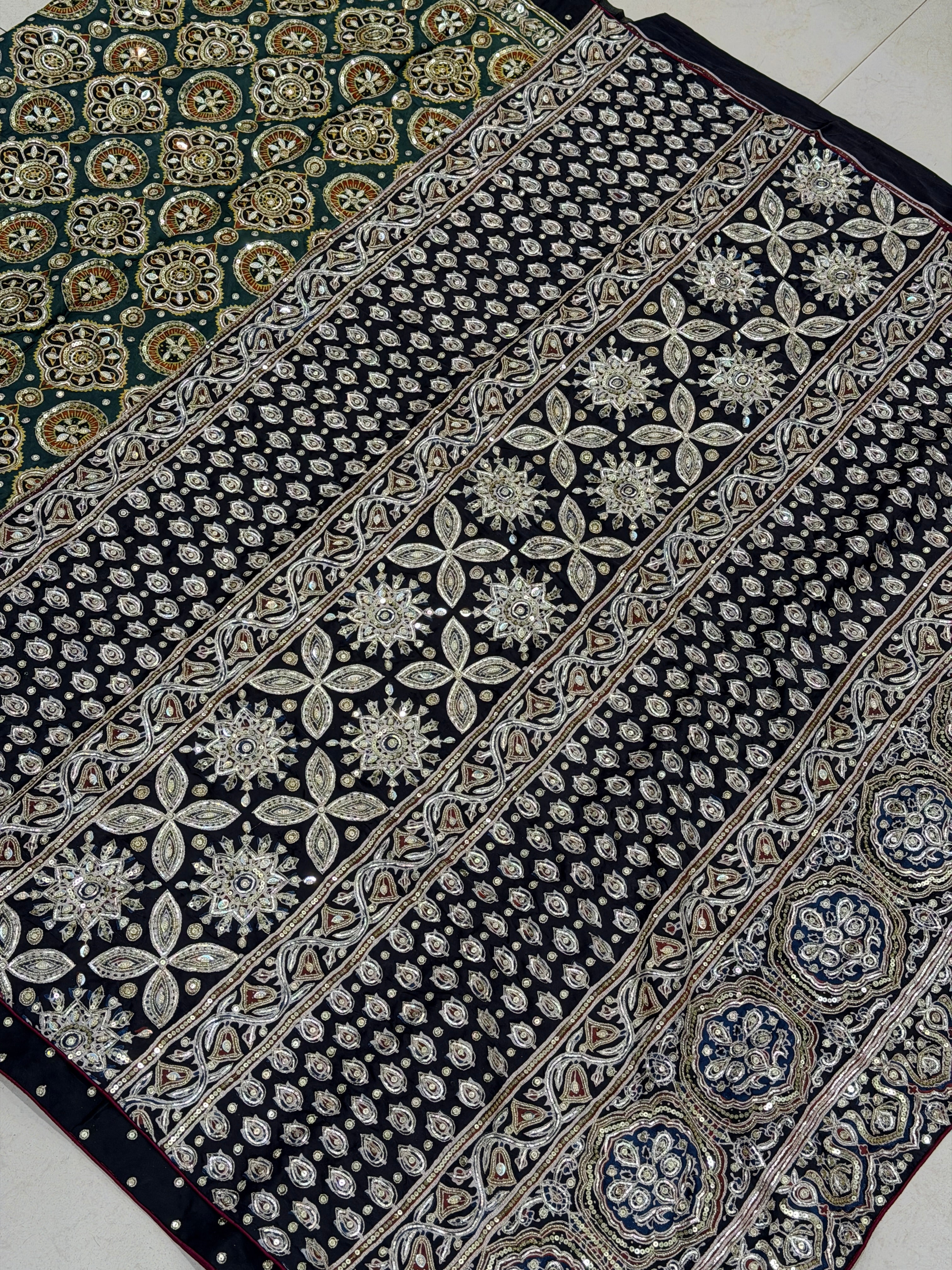 Green Jaal Pita Zardosi Sequin Ajrakh Hand Embroidery Saree