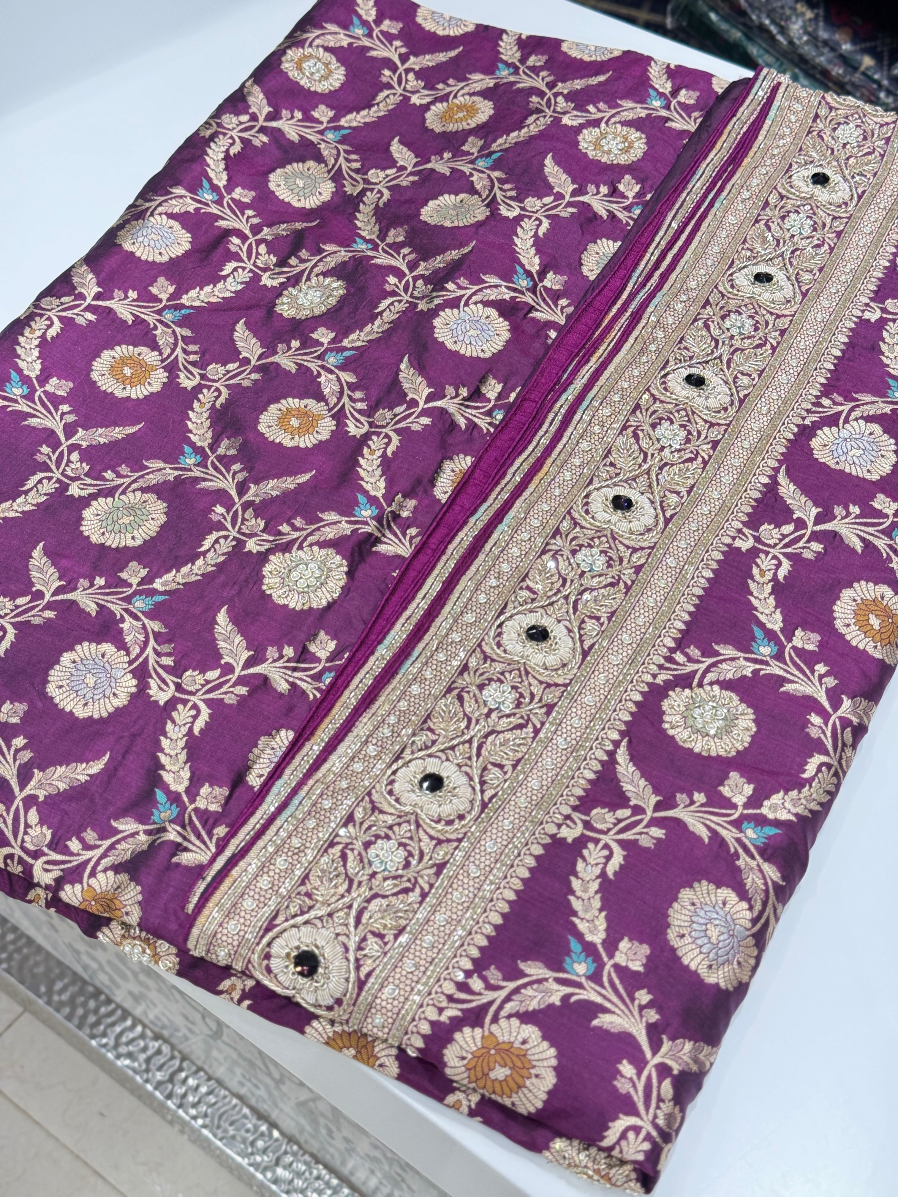 Violet Meenakari Handloom Banarasi Katan Jaal Zardosi Embroidery Saree