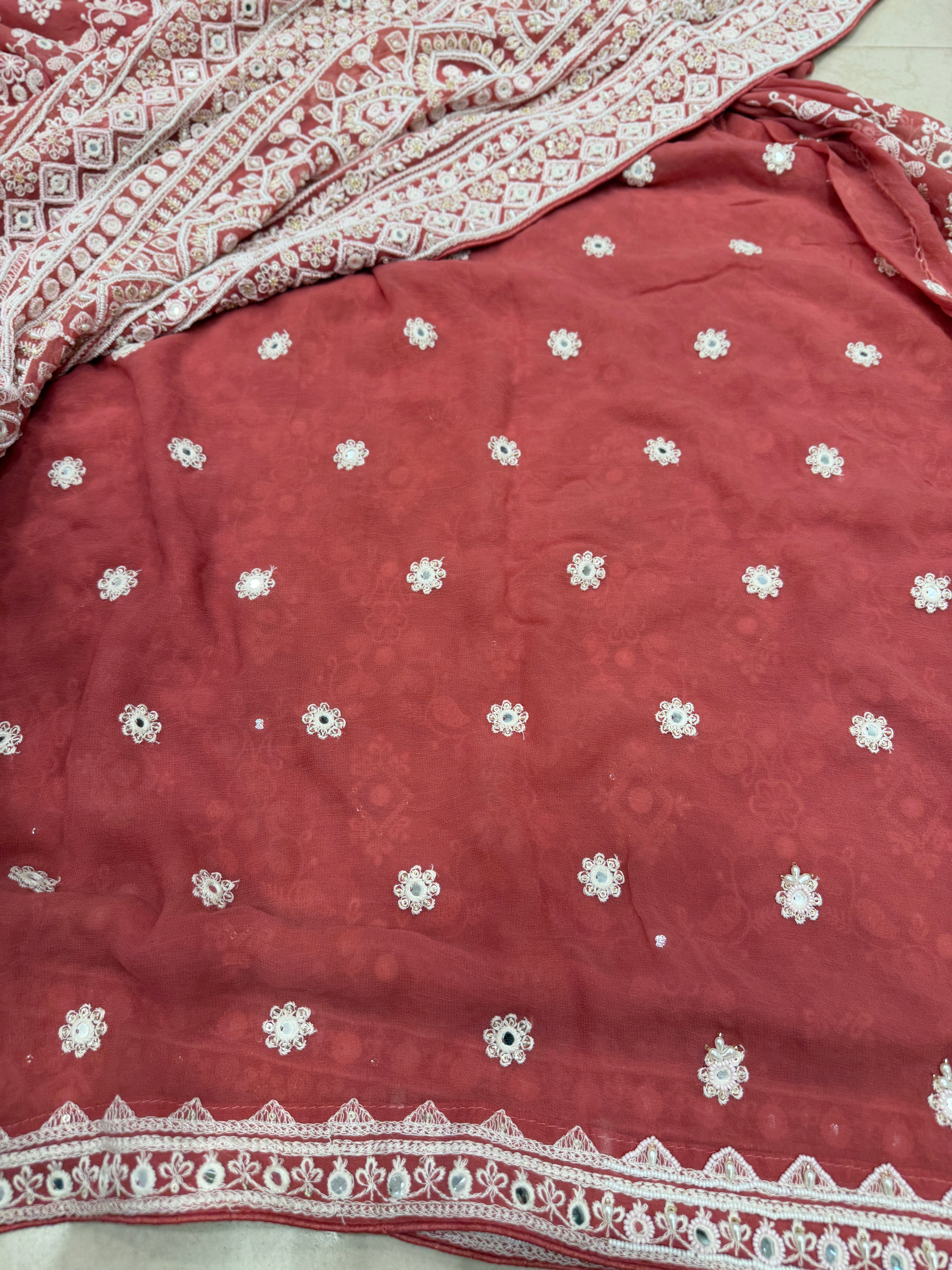 Brick Red Chikankari Georgette Hand Embroidery Moti and Zardosi Saree