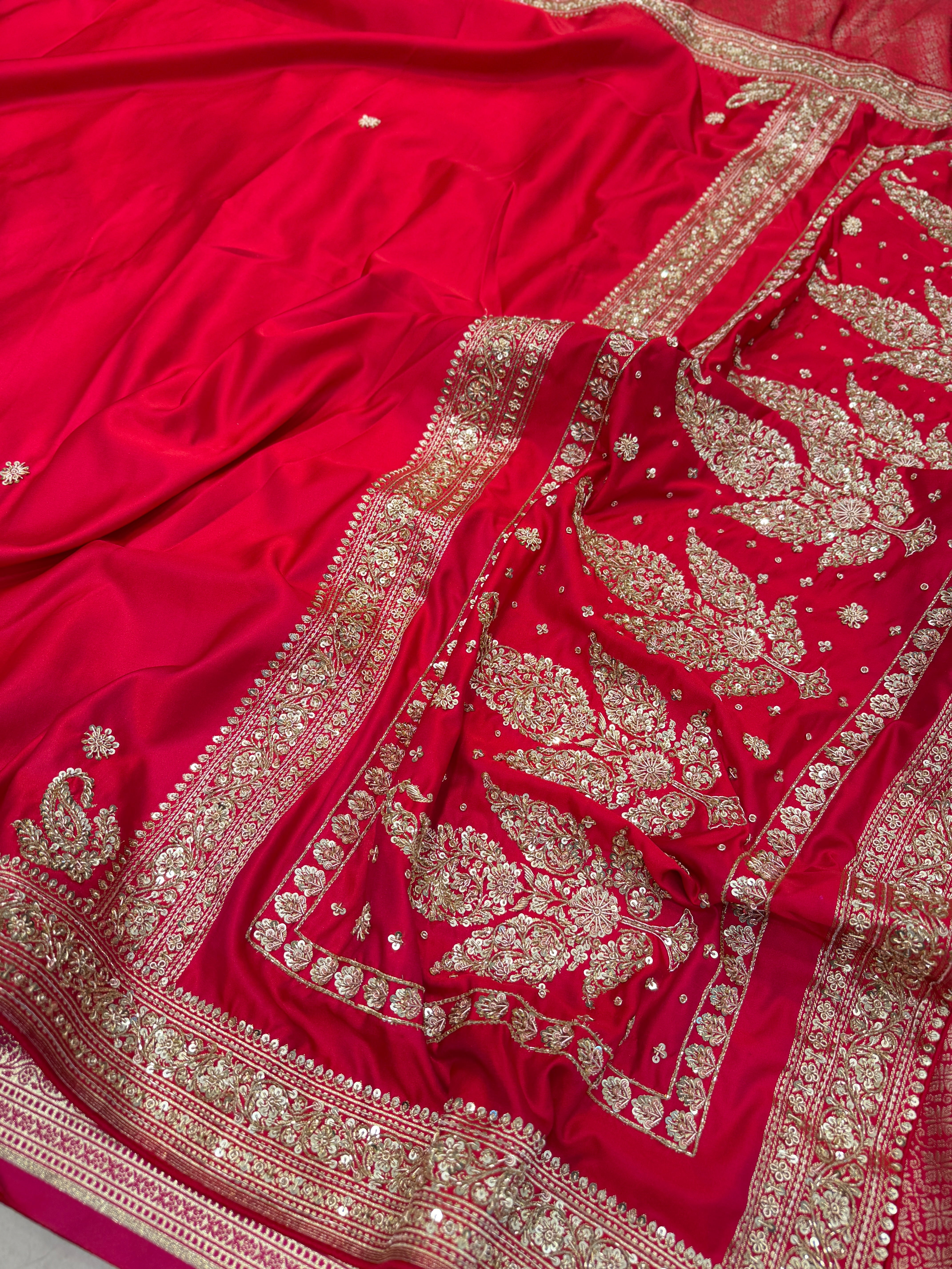 Cross Red Banarasi Plain Zardosi Hand Embroidery Saree
