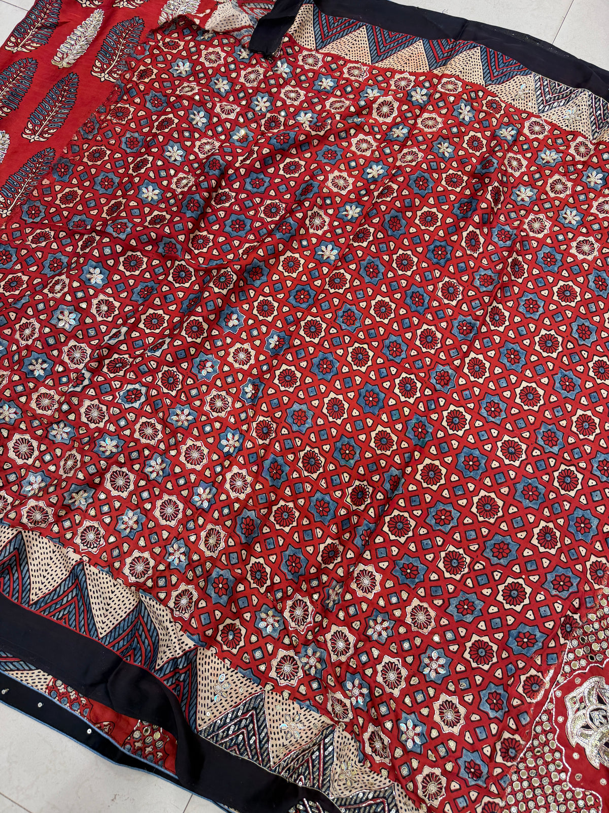 Red Buttas Pita Zardosi Sequin Ajrakh Hand Embroidery Saree