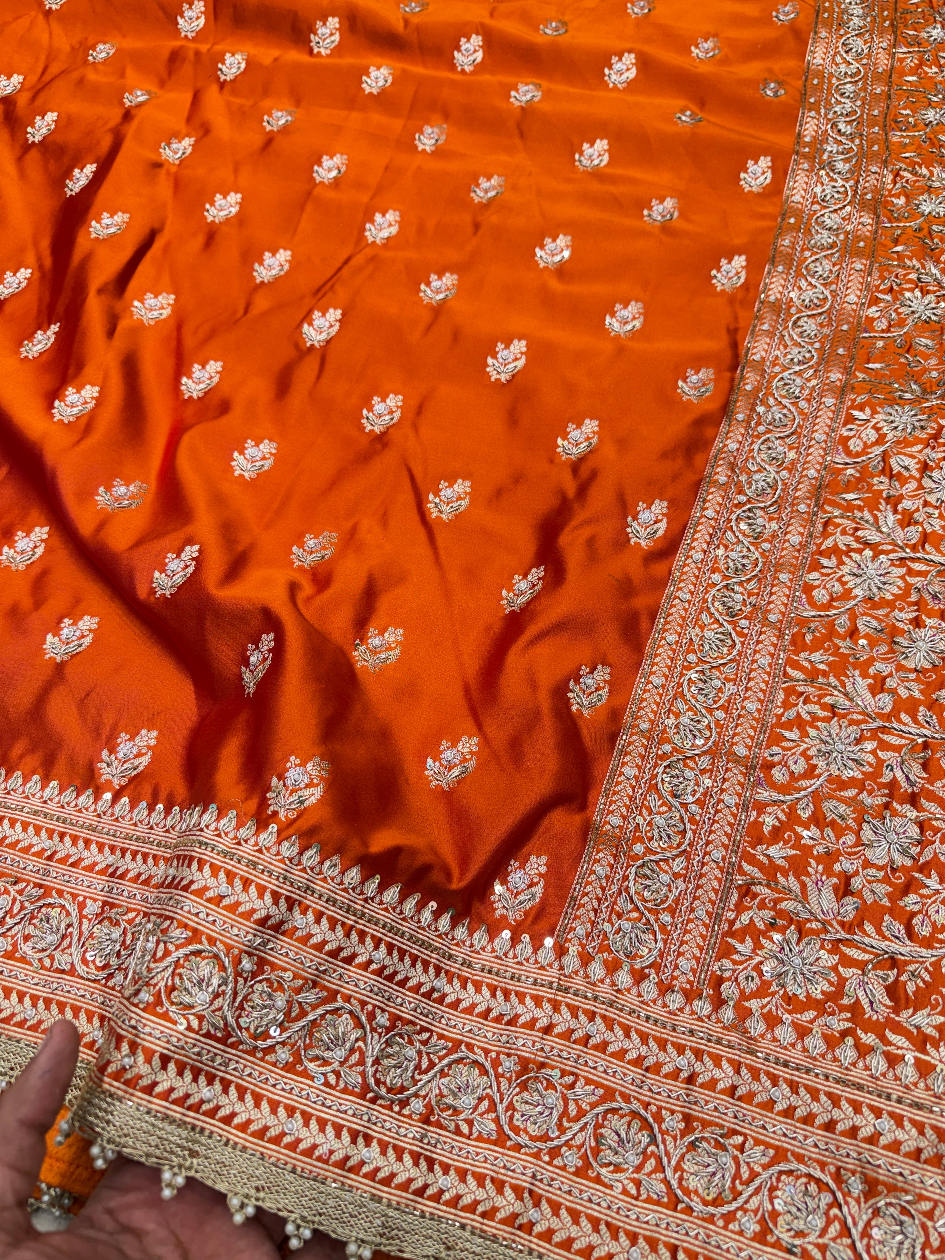 Rust Orange Banarasi Buttis Zardosi Hand Embroidery Saree