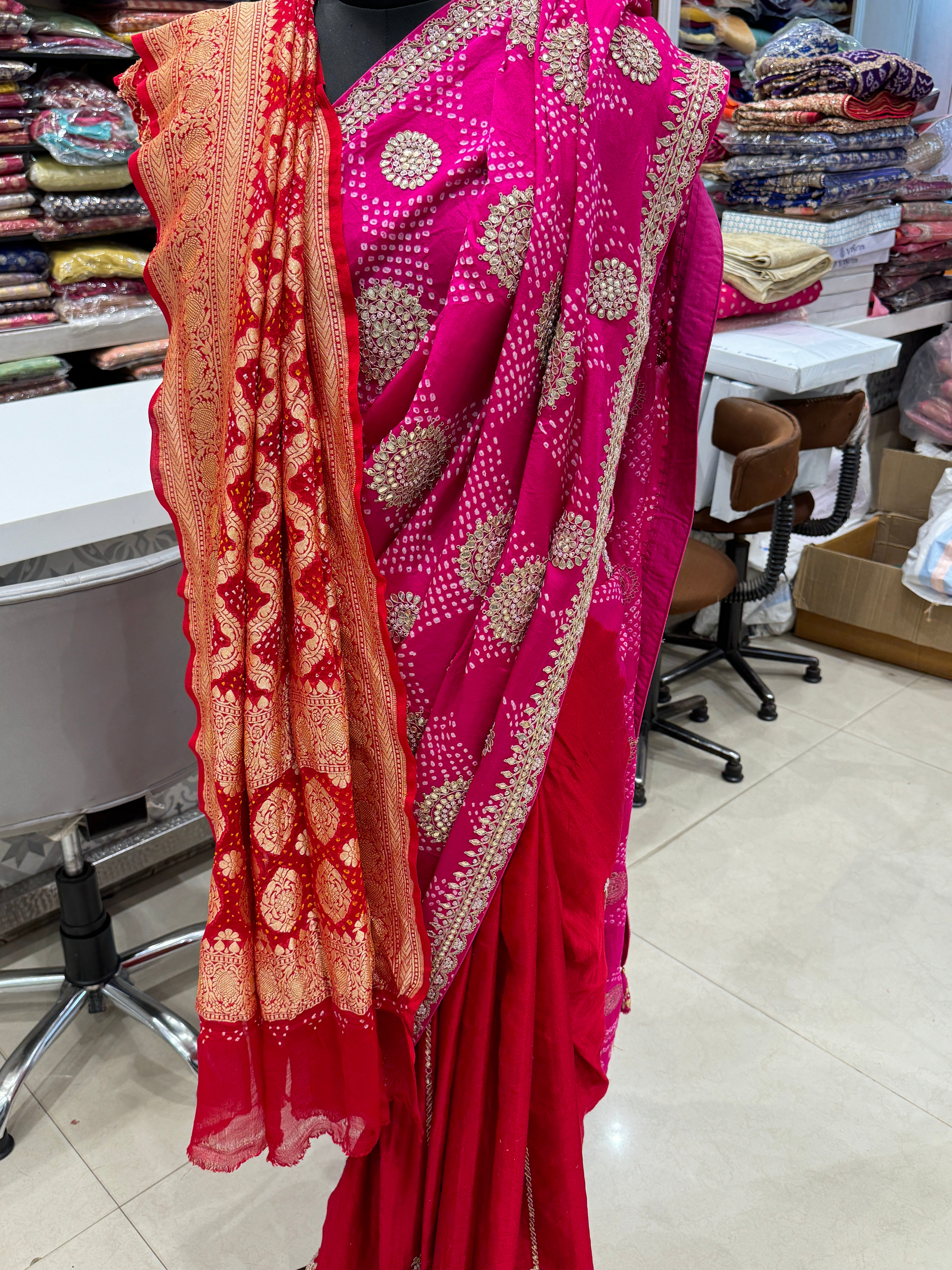 Gajji Silk Bandhej Gotapatti Saree