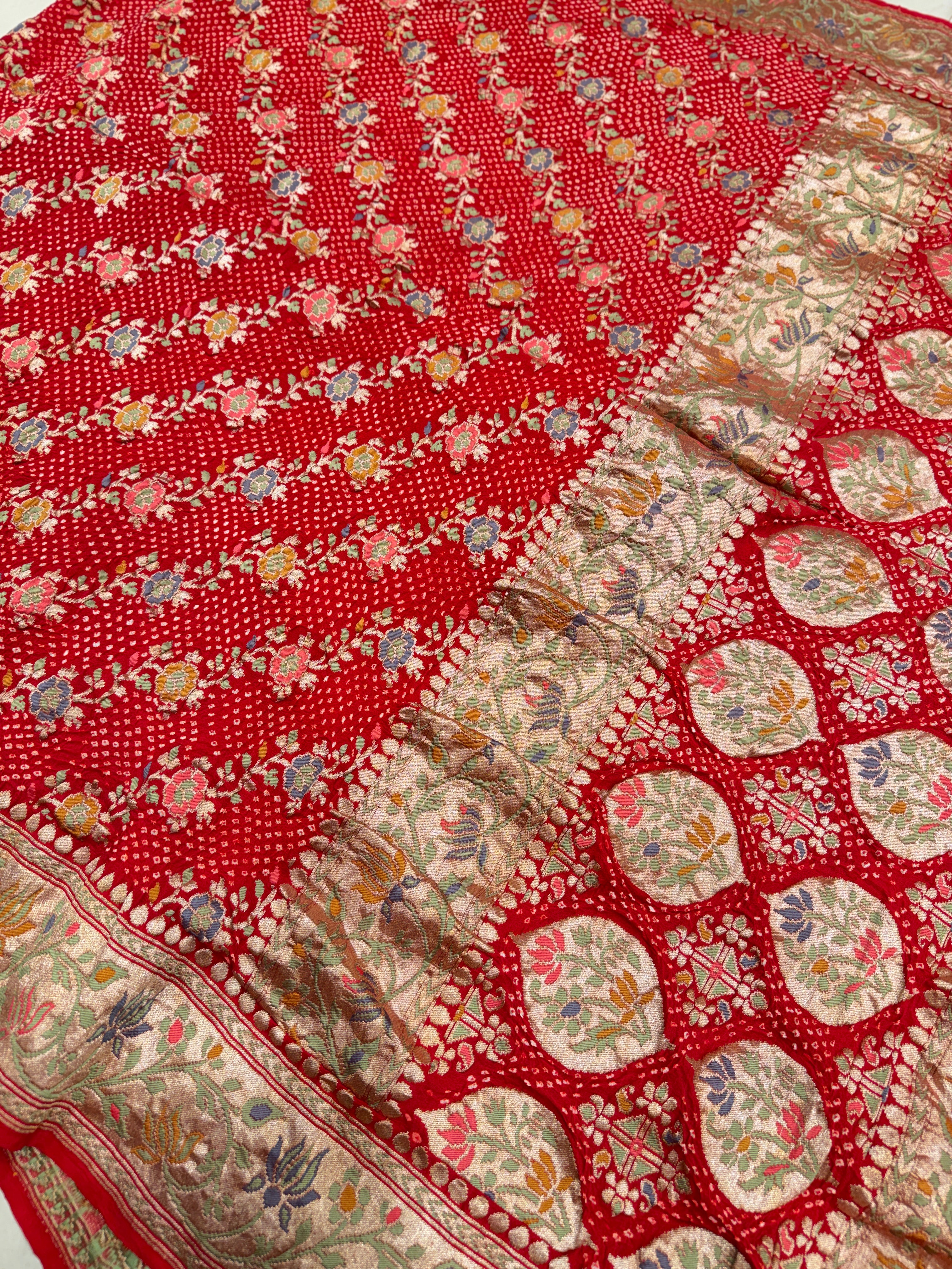 Red Meenakari Floral Leheriya Rai Bandhej Bandhini Georgette Saree