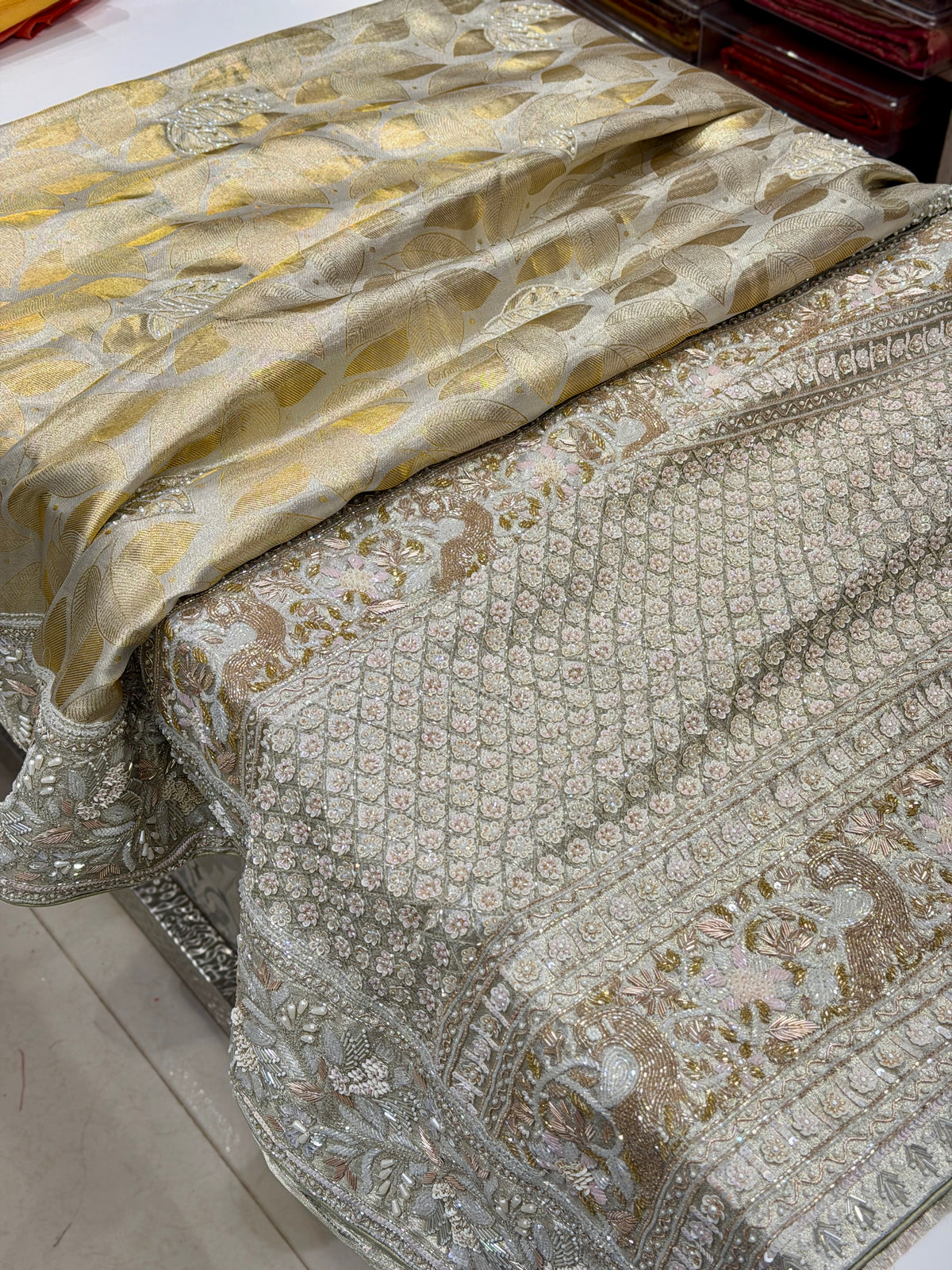 Golden Silver Leaf Jaal Kanjivaram Moti Zardosi Hand Embroidery Saree