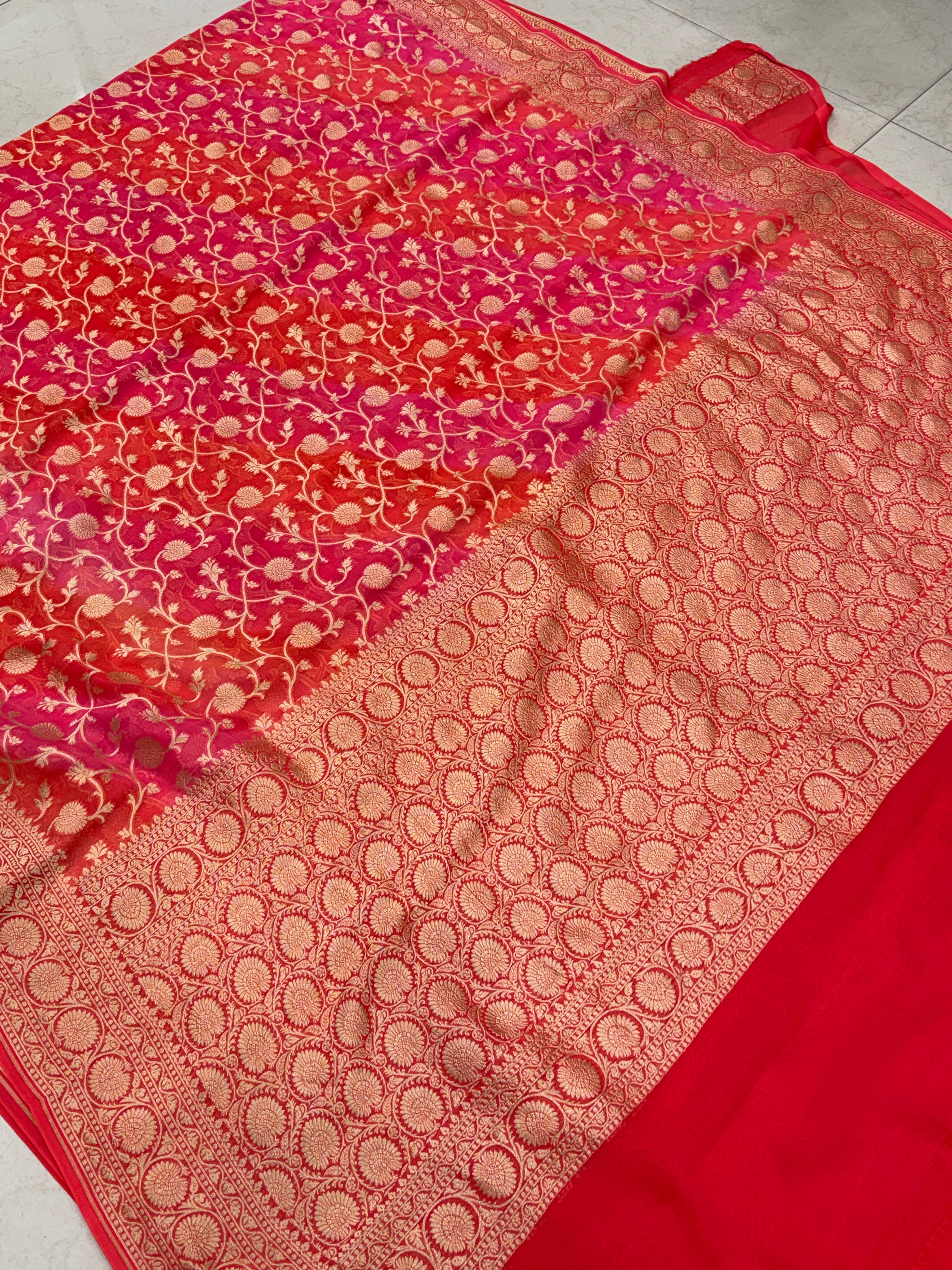 Orange Shaded Mughal Jaal Handloom Banarasi Khaddi Georgette Saree