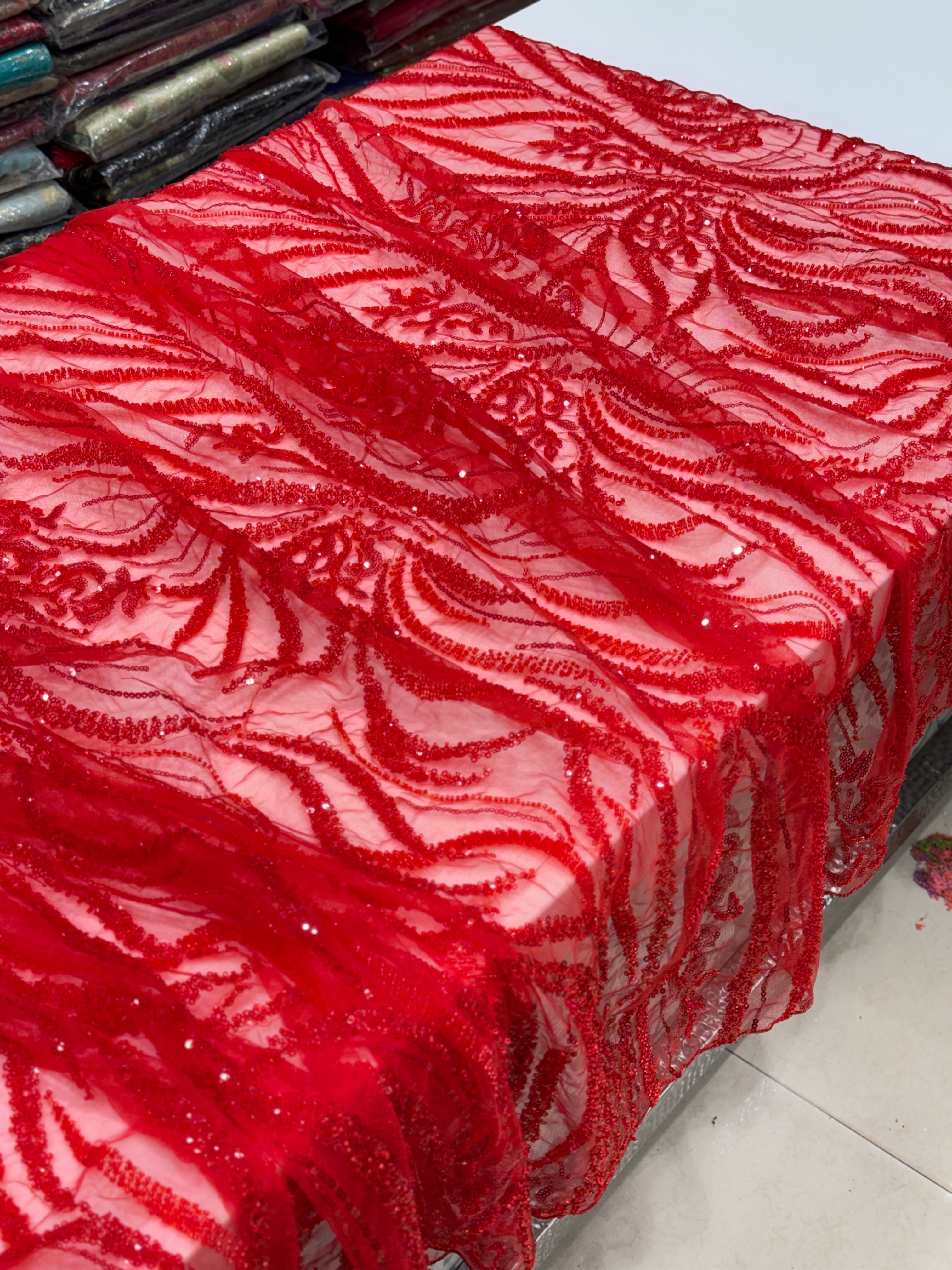 Red on Red Soft Net Moti Sequin Embroidery Saree