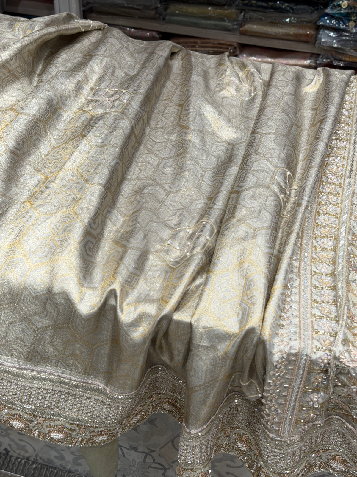Silver Kanjivaram Three Zari Hand Embroidery Zardosi Moti Sequin Saree