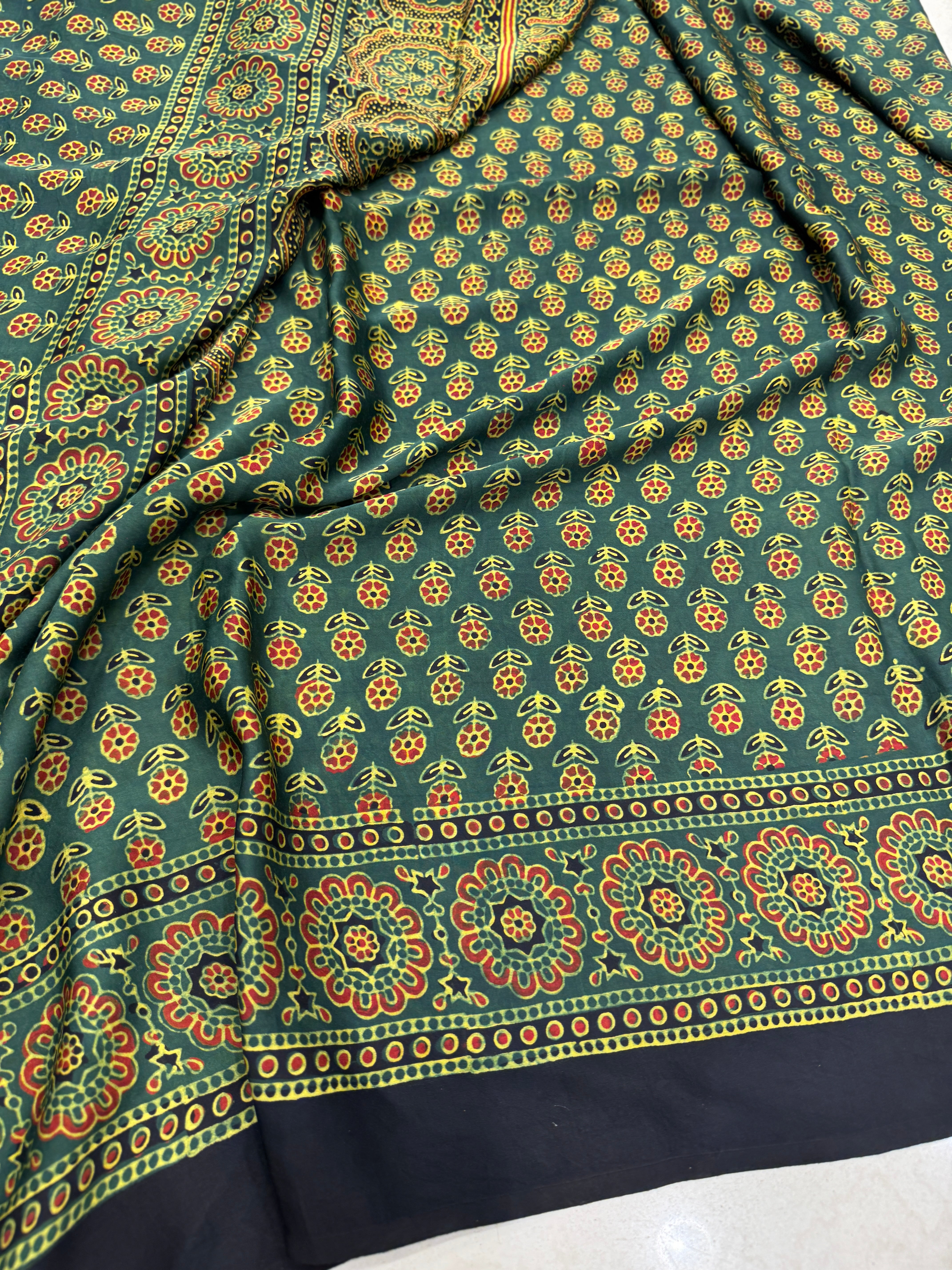 Green Jaal Ajrakh Saree Modal Gajji Silk Hand Block Print