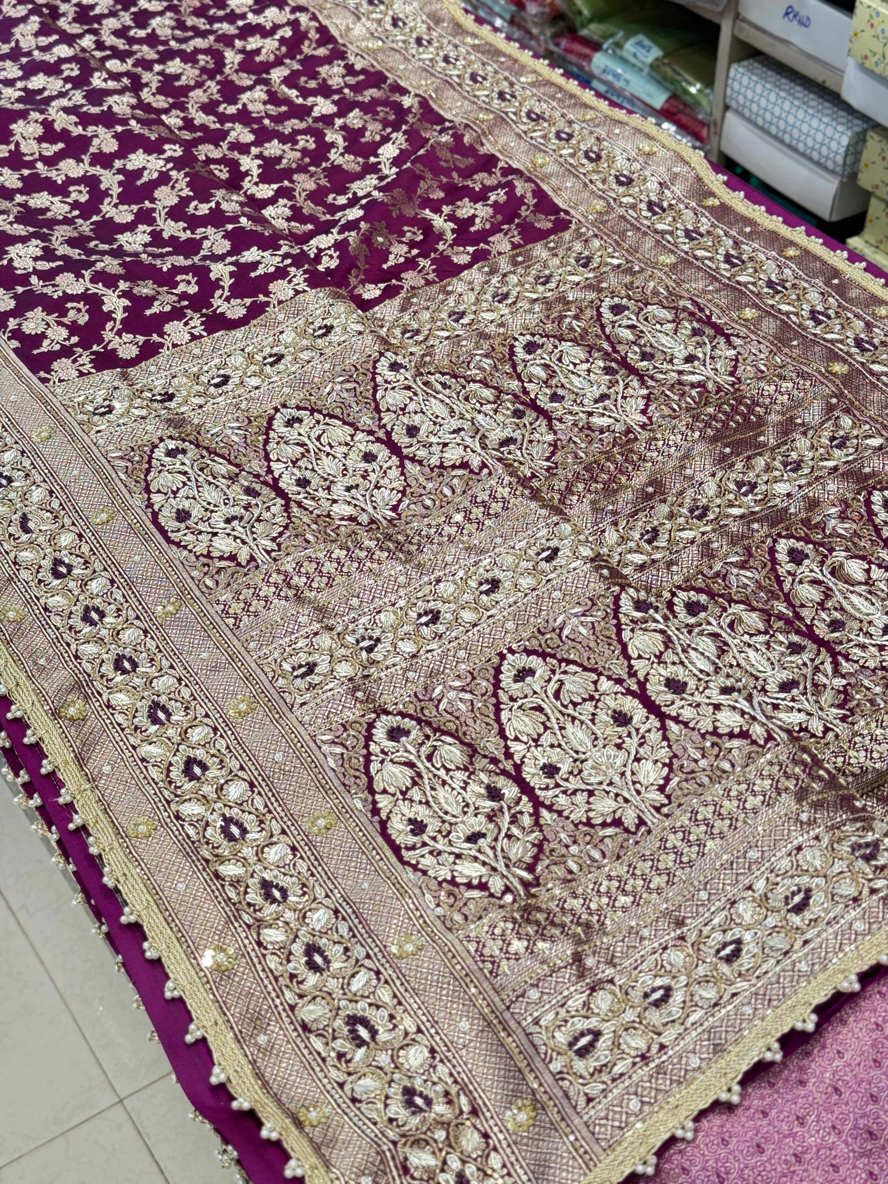 Wine Banarasi Zardosi Resham Embroidery Saree