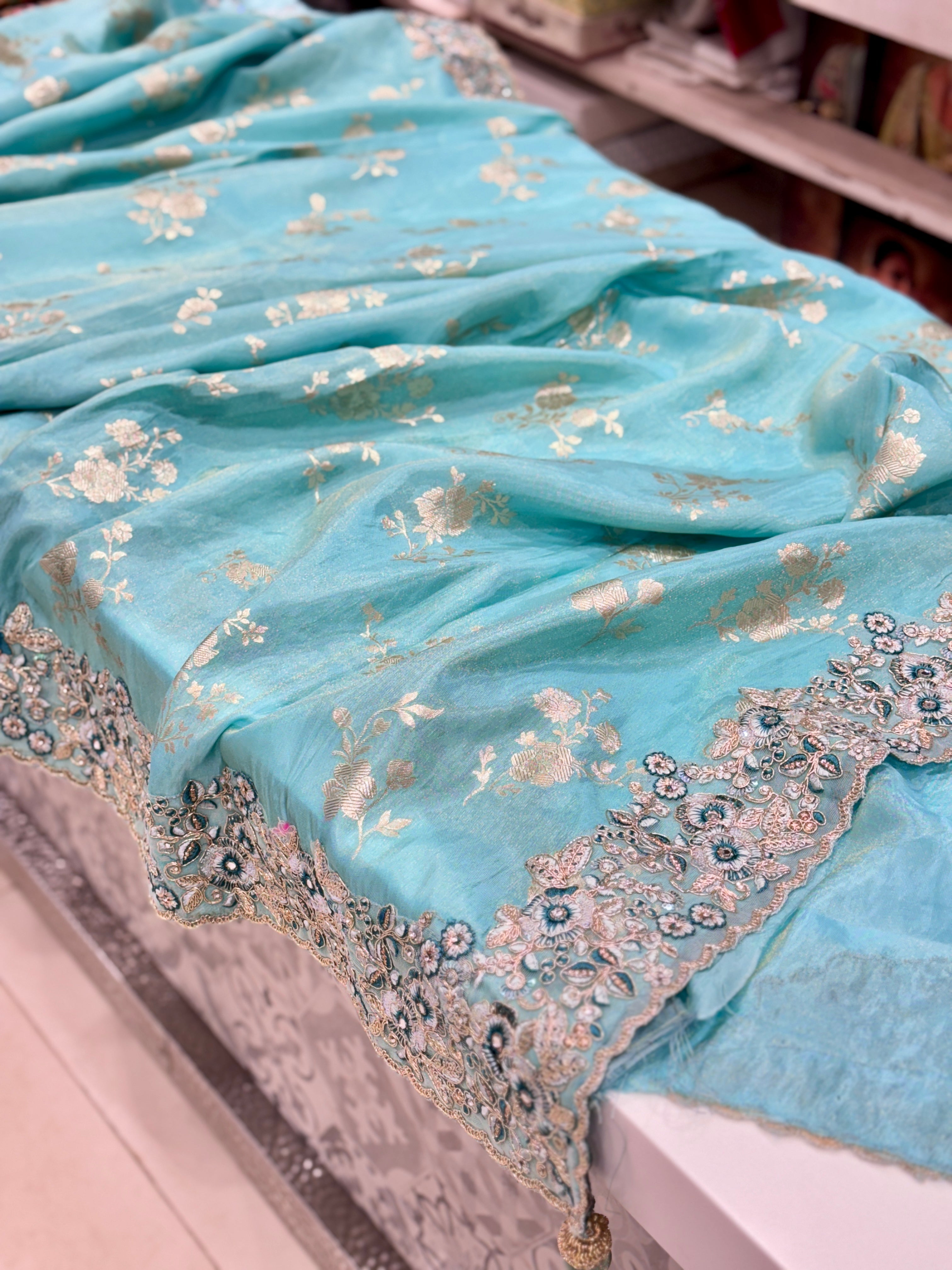 Sea Green Crepe Tissue Embroidery Saree