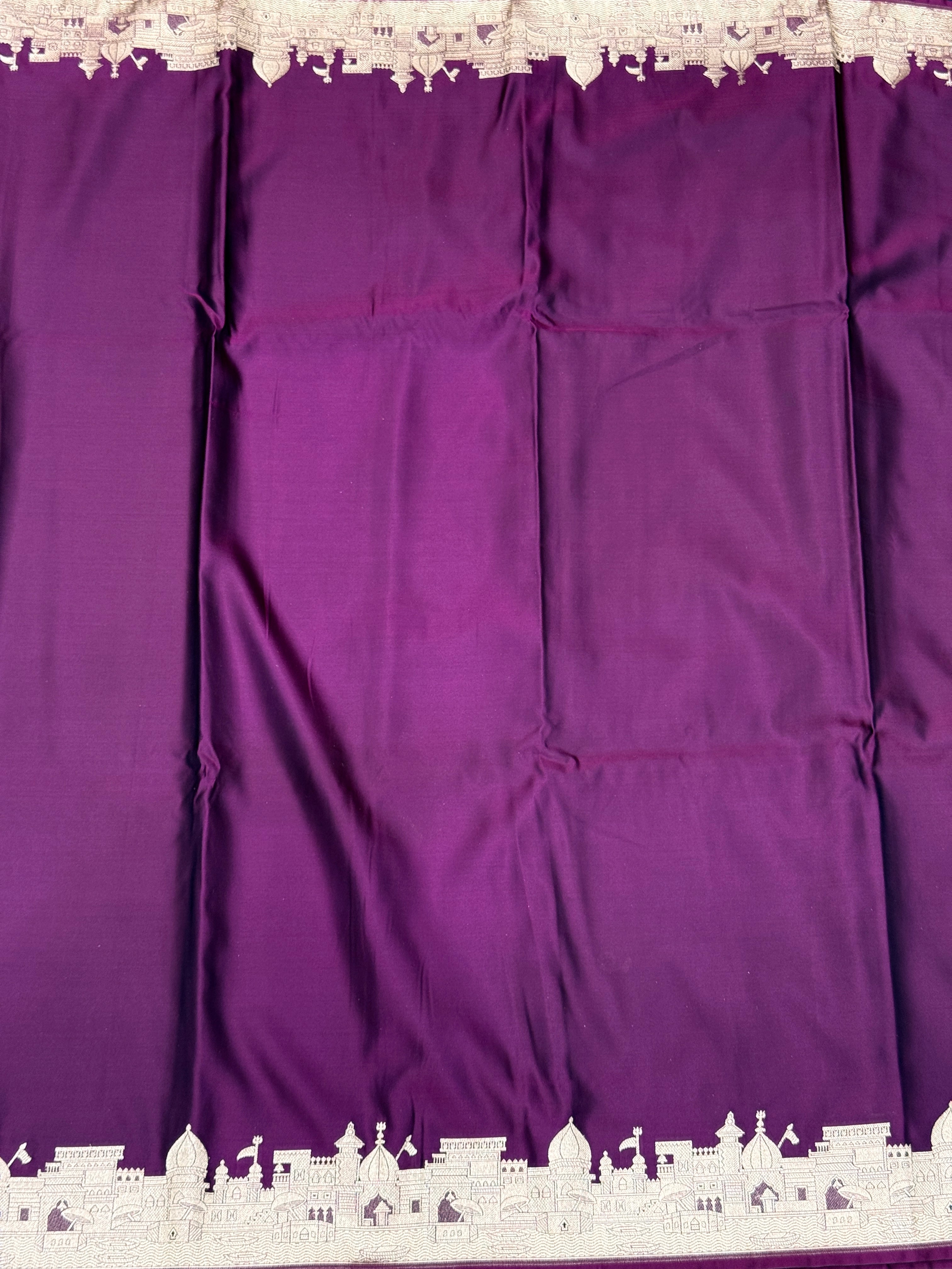 Wine Banarasi Silk Ganga Ghat Border Saree