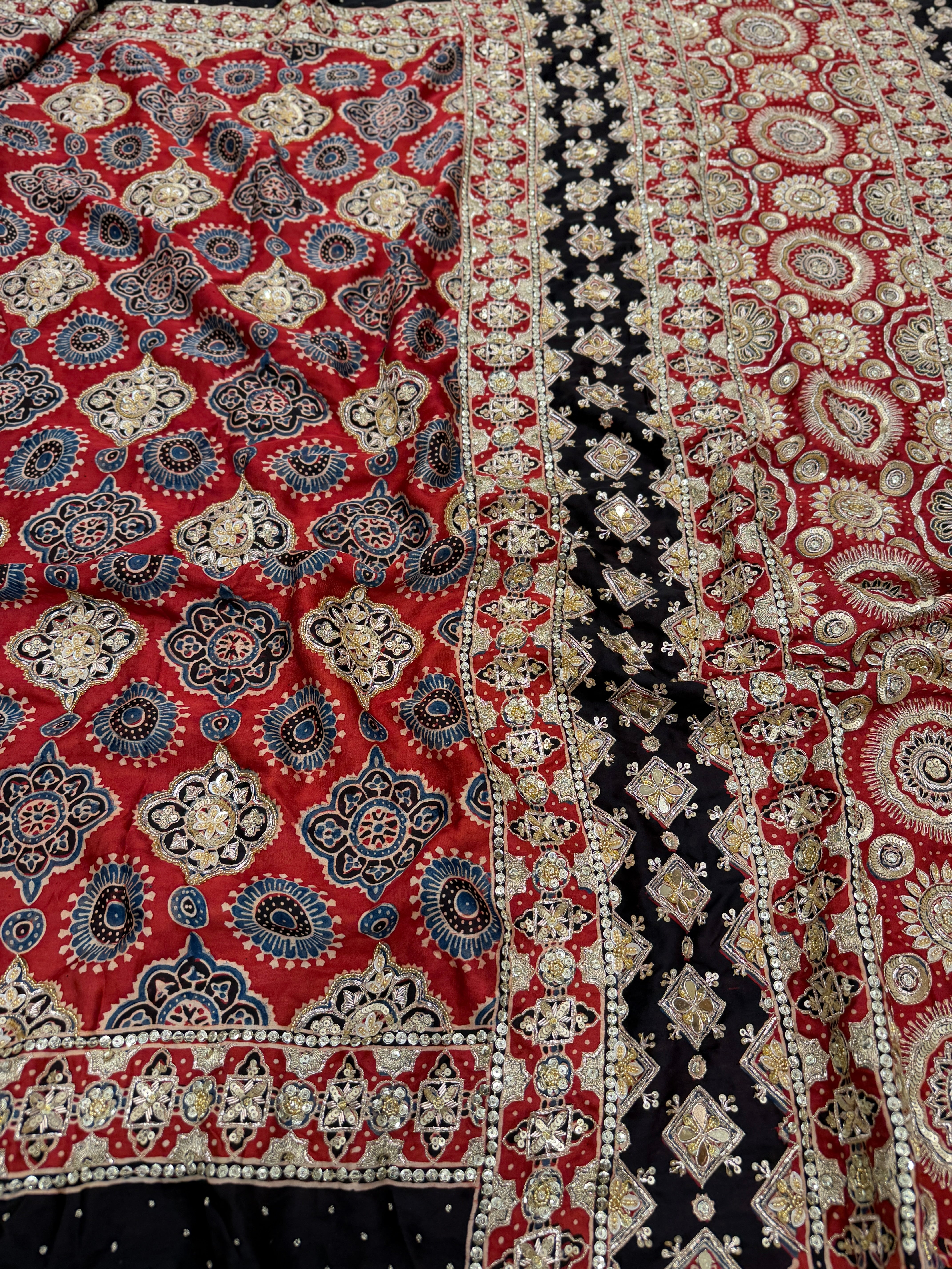 Red Black Badam Jaal Pita Sequin Ajrakh Hand Embroidery Saree