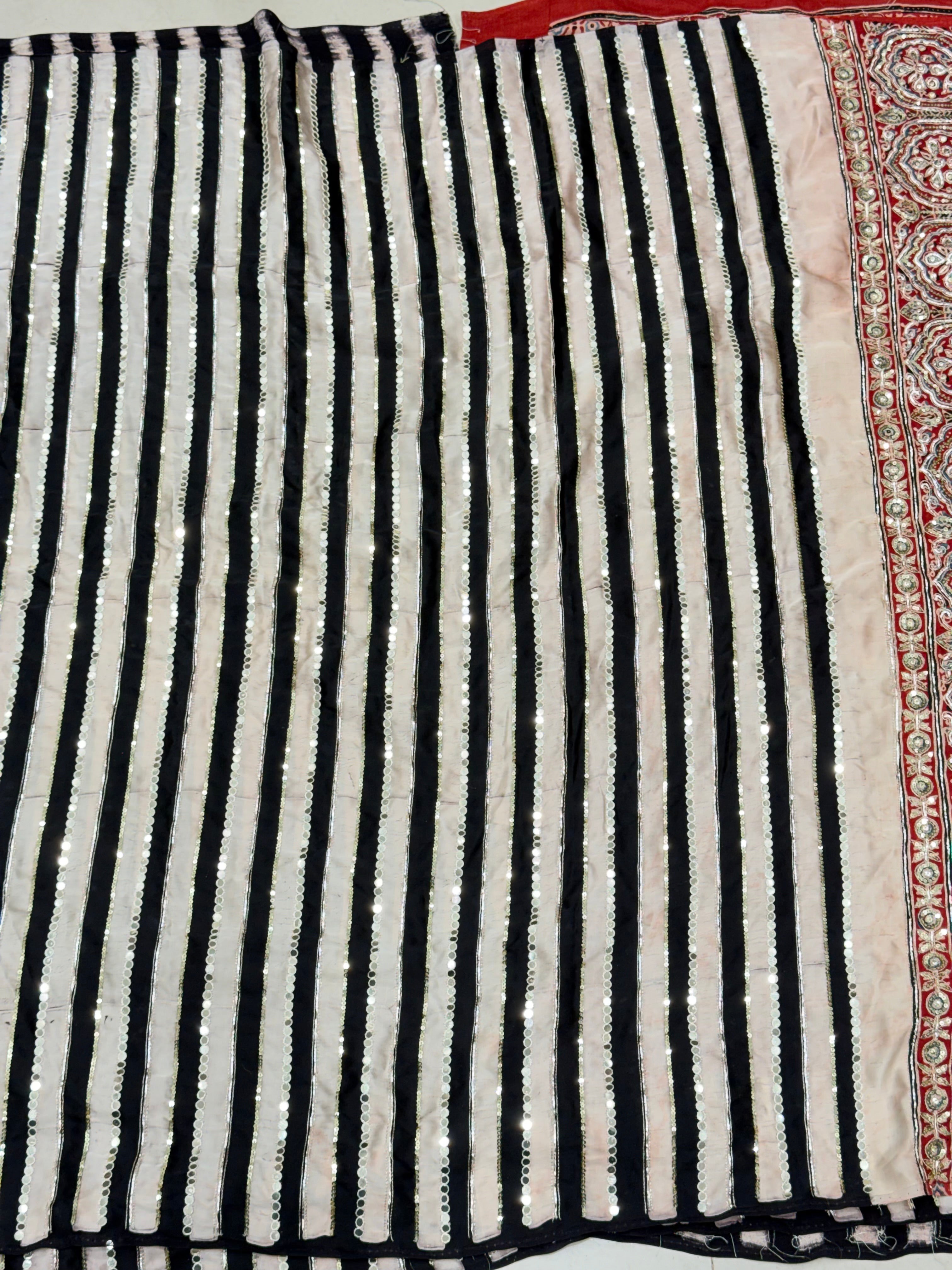 Black White Contemporary Mirror Ajrakh Hand Embroidery Saree