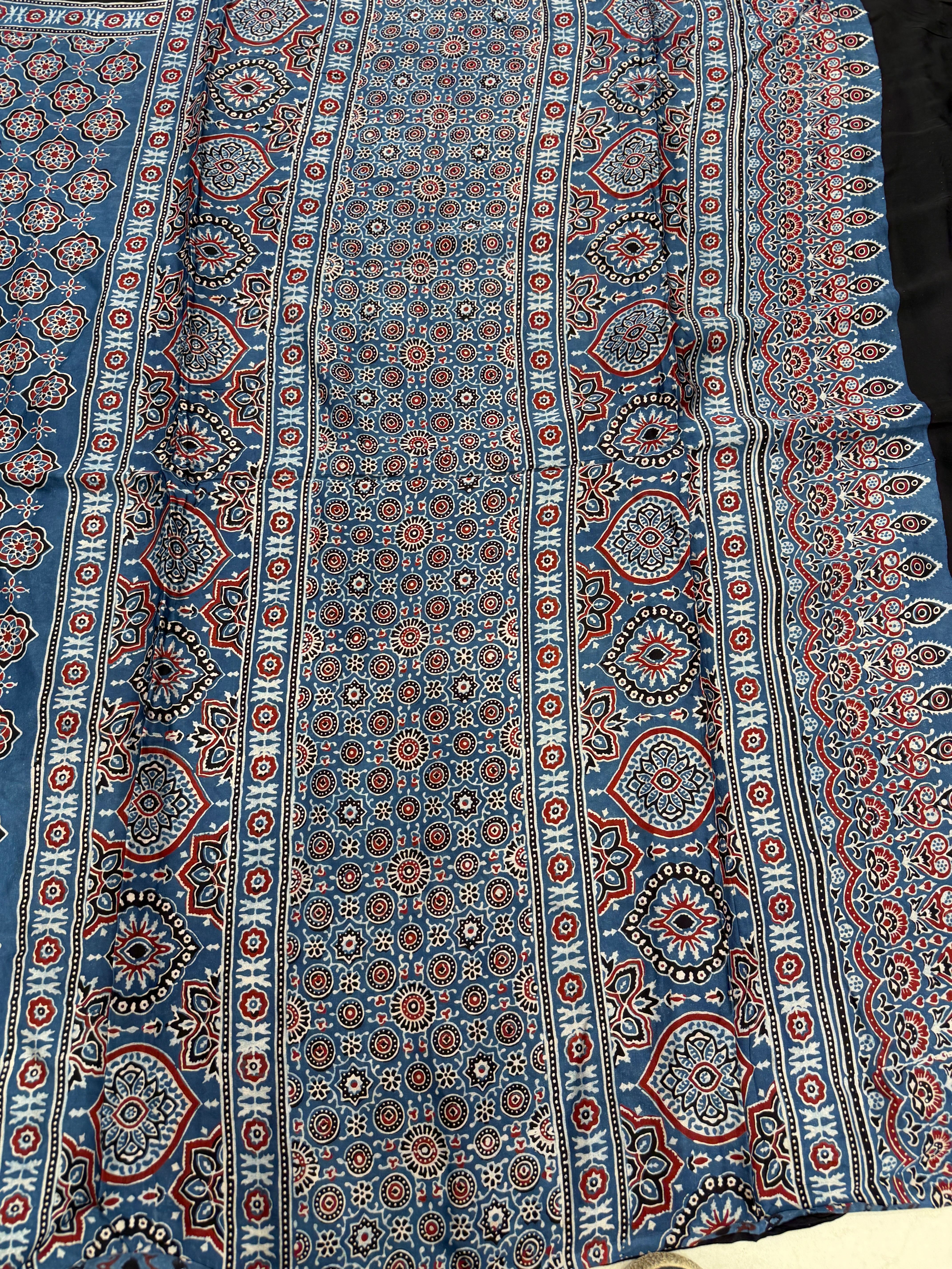 Blue Jaal Ajrakh Hand Block Print Pure Gajji Silk Saree