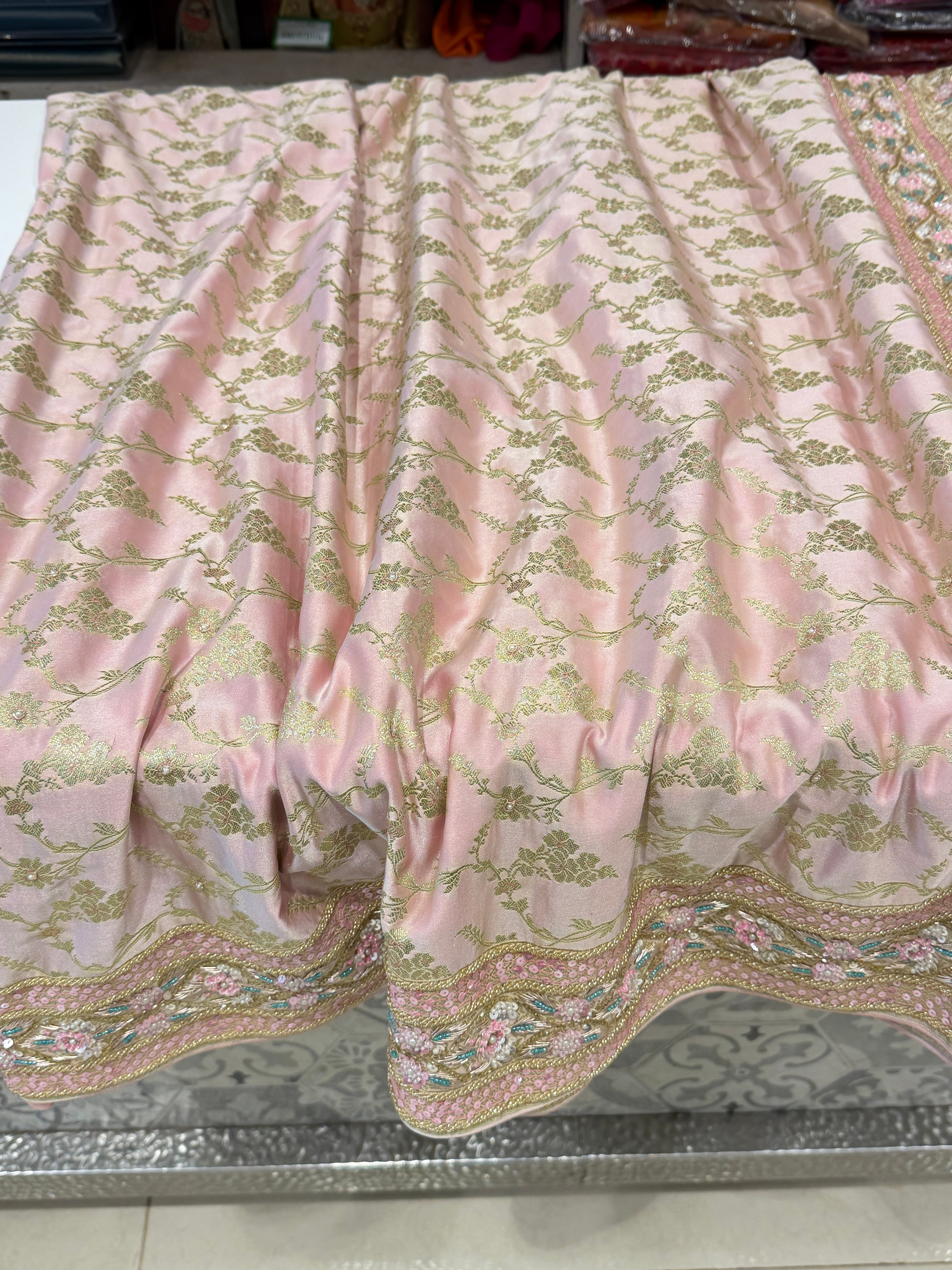Light Pink Banarasi Floret Jaal Fancy Hand Embroidery Saree