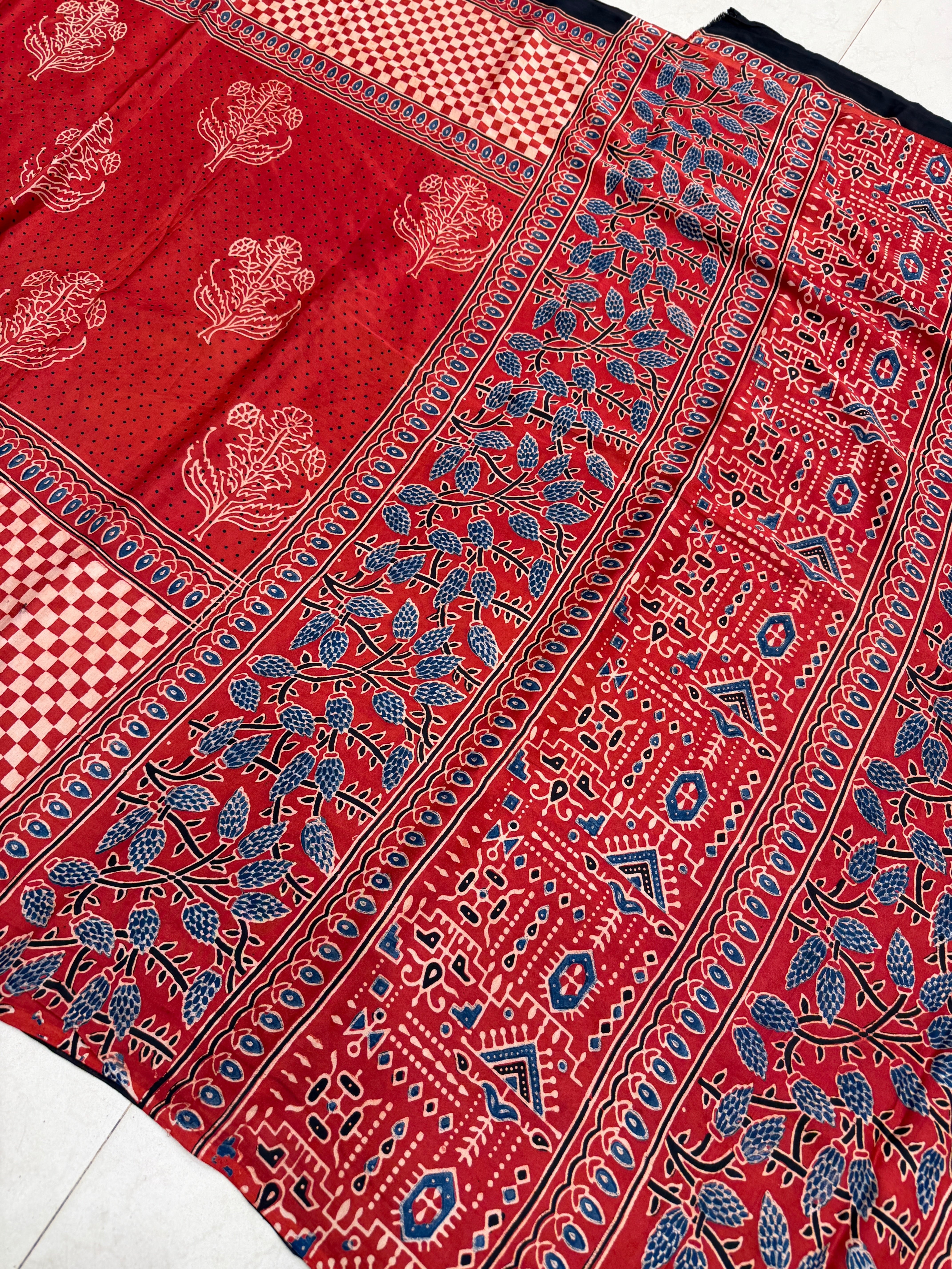 Red Contemporary Ajrakh Hand Block Print Pure Gajji Silk Saree