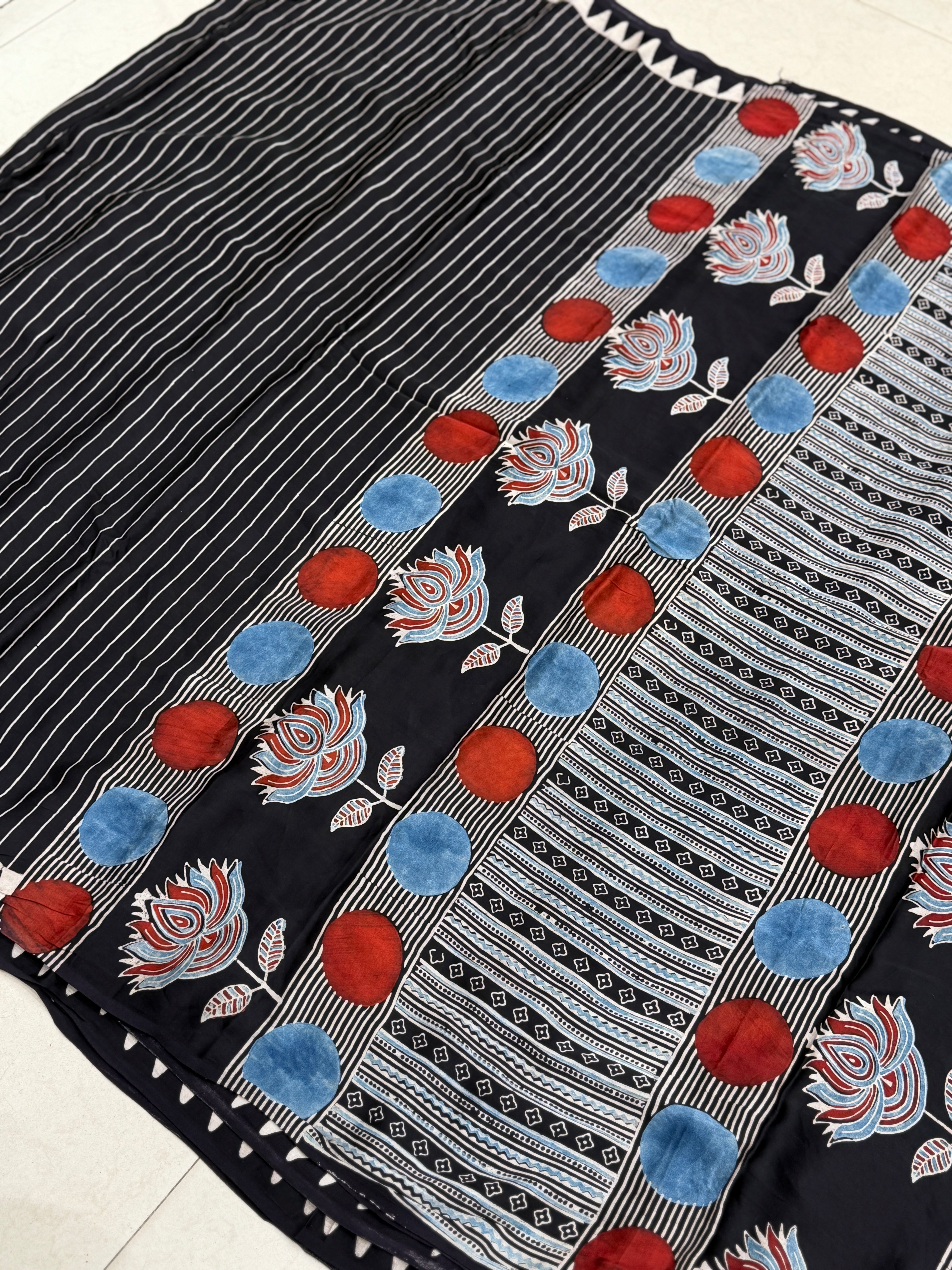 Black Contemporary Floral Pallu Ajrakh Hand Block Print Pure Gajji Silk Saree