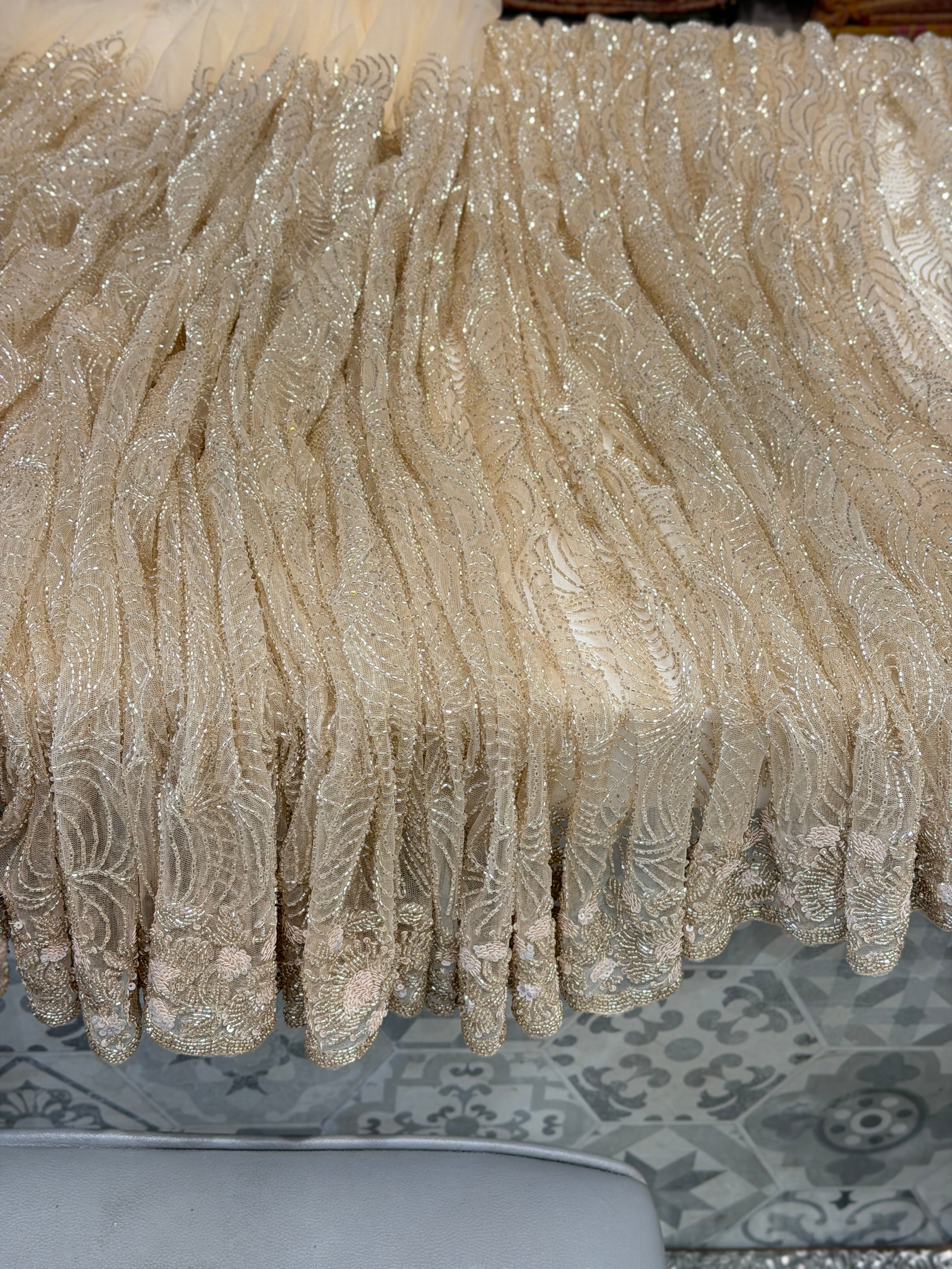 Nude Net Hand Embroidery Zardosi Moti Knot Work Saree