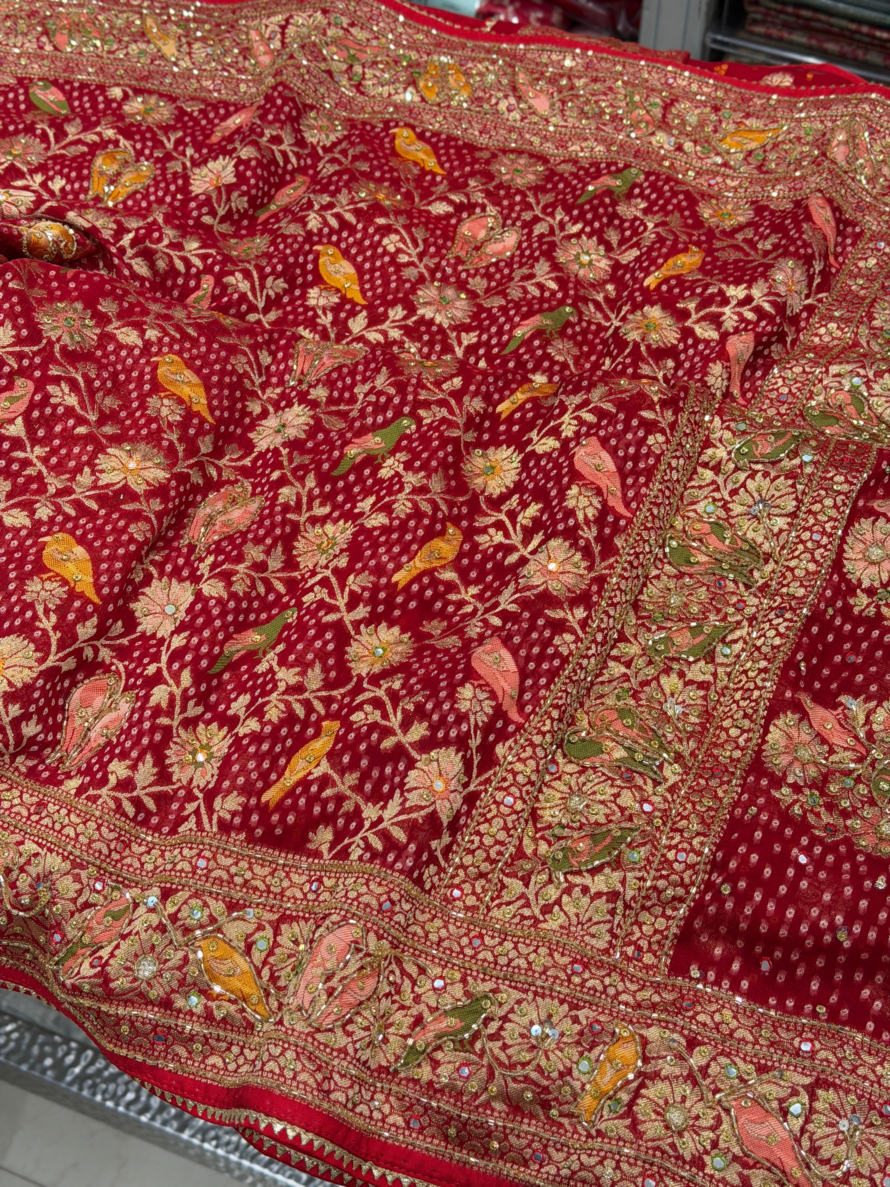 Red Woven Bandhej Banarasi Khaddi Georgette Parrot Motif Hand Embroidery Saree