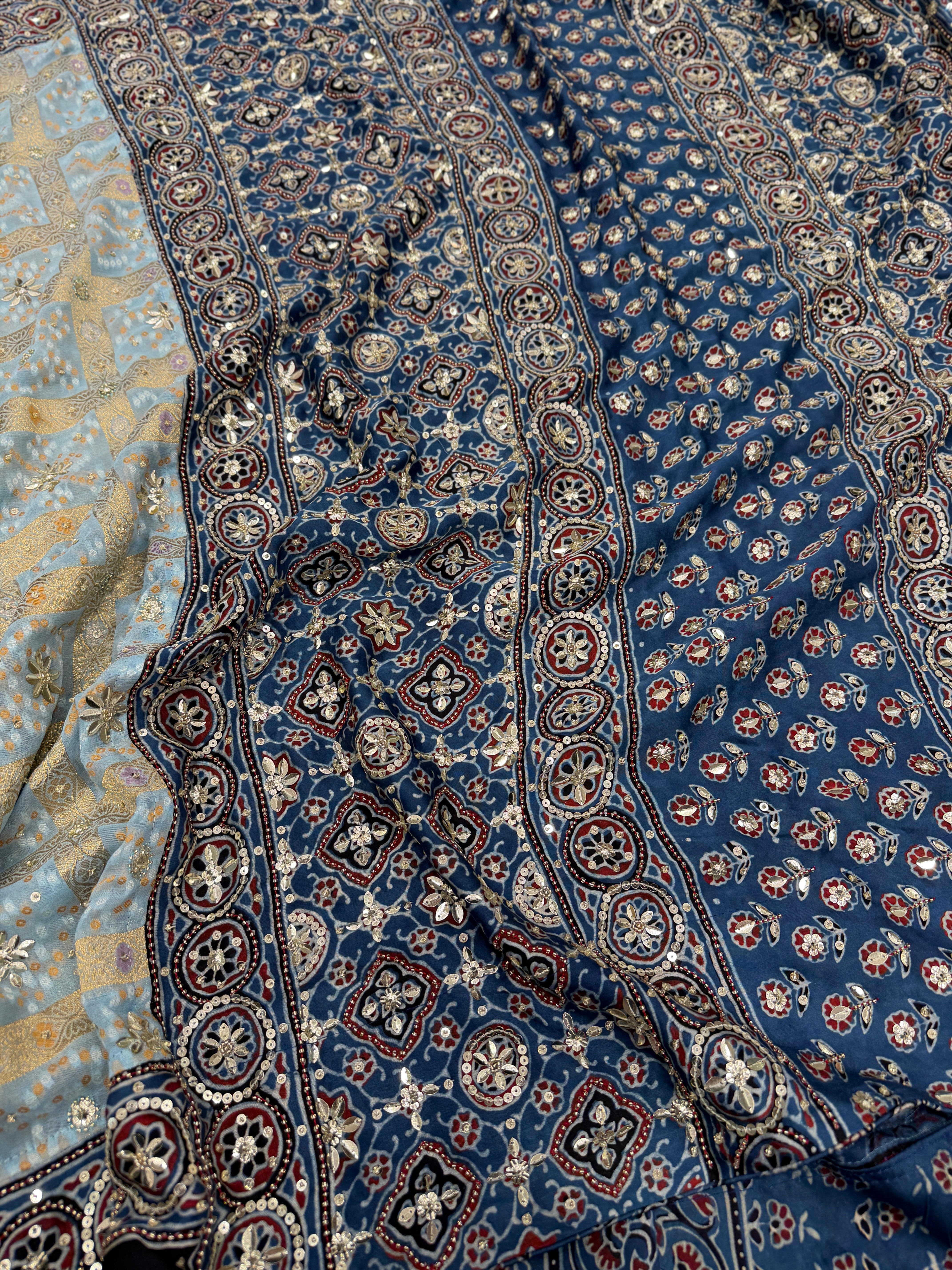 Light Blue Gharchola Georgette Ajrakh Hand Embroidery Saree