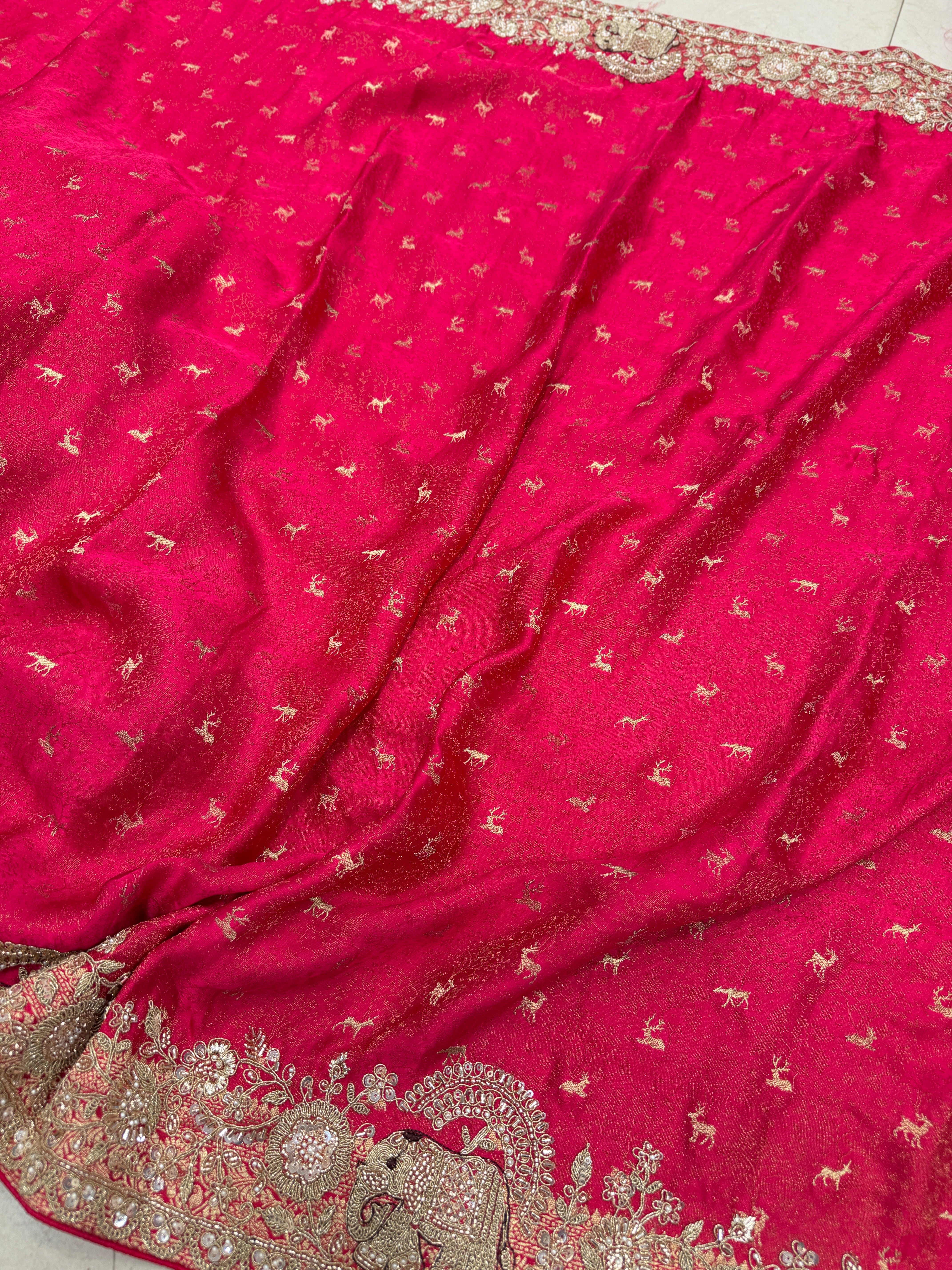 Rani Pink Soft Silk Hiraniya Tissue Embroidery Saree