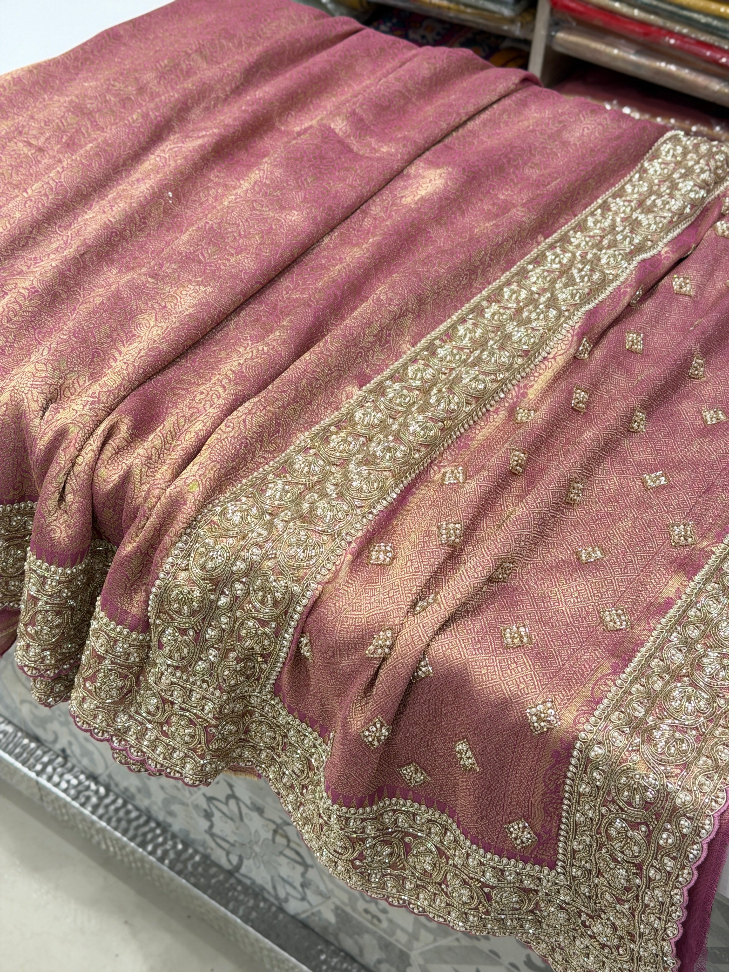 Purple Crepe Tissue Weaved Moti Cutana Embroidery Saree
