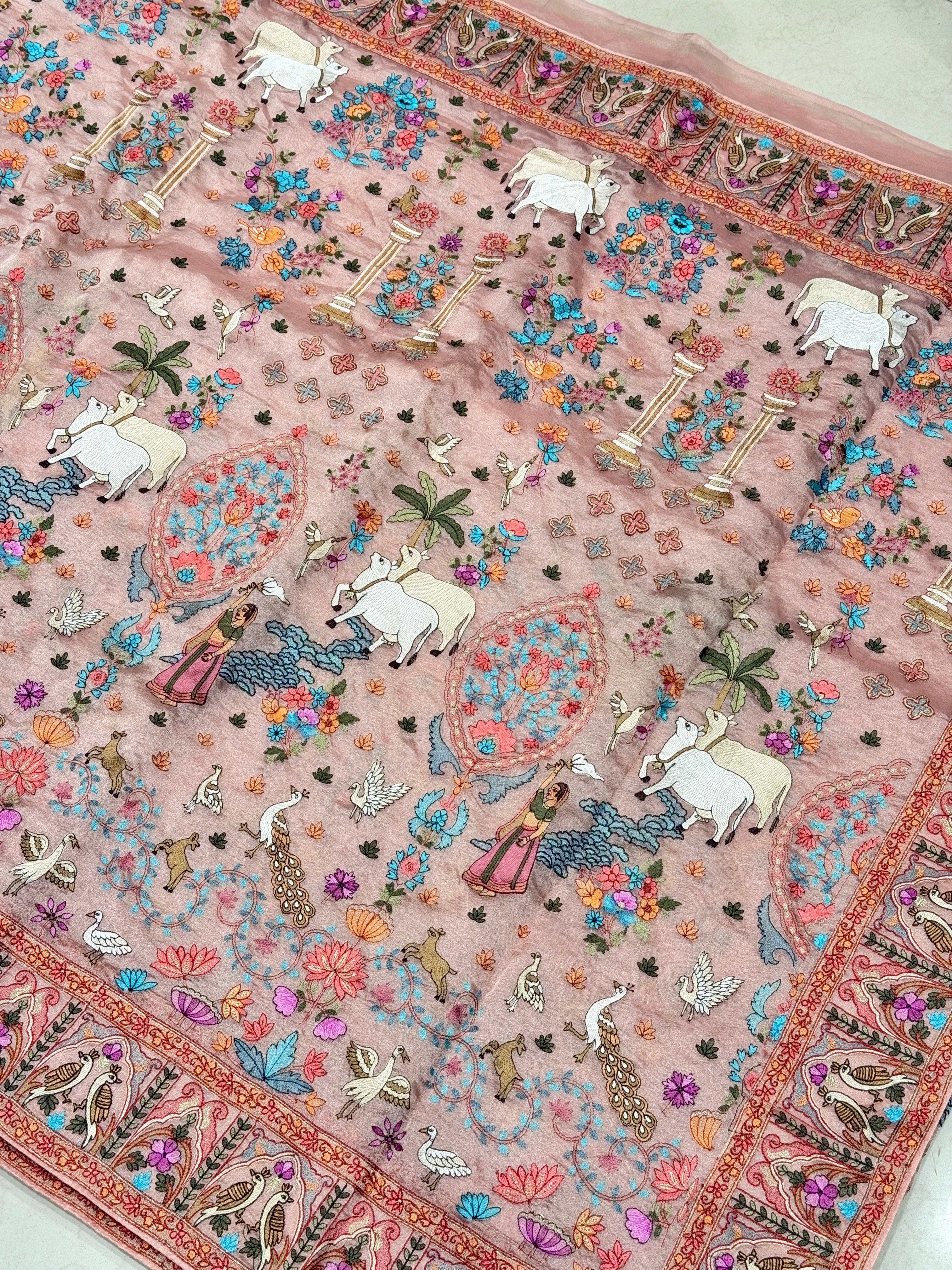 Pink Jamdani Style Embroidery Tissue Silk Saree