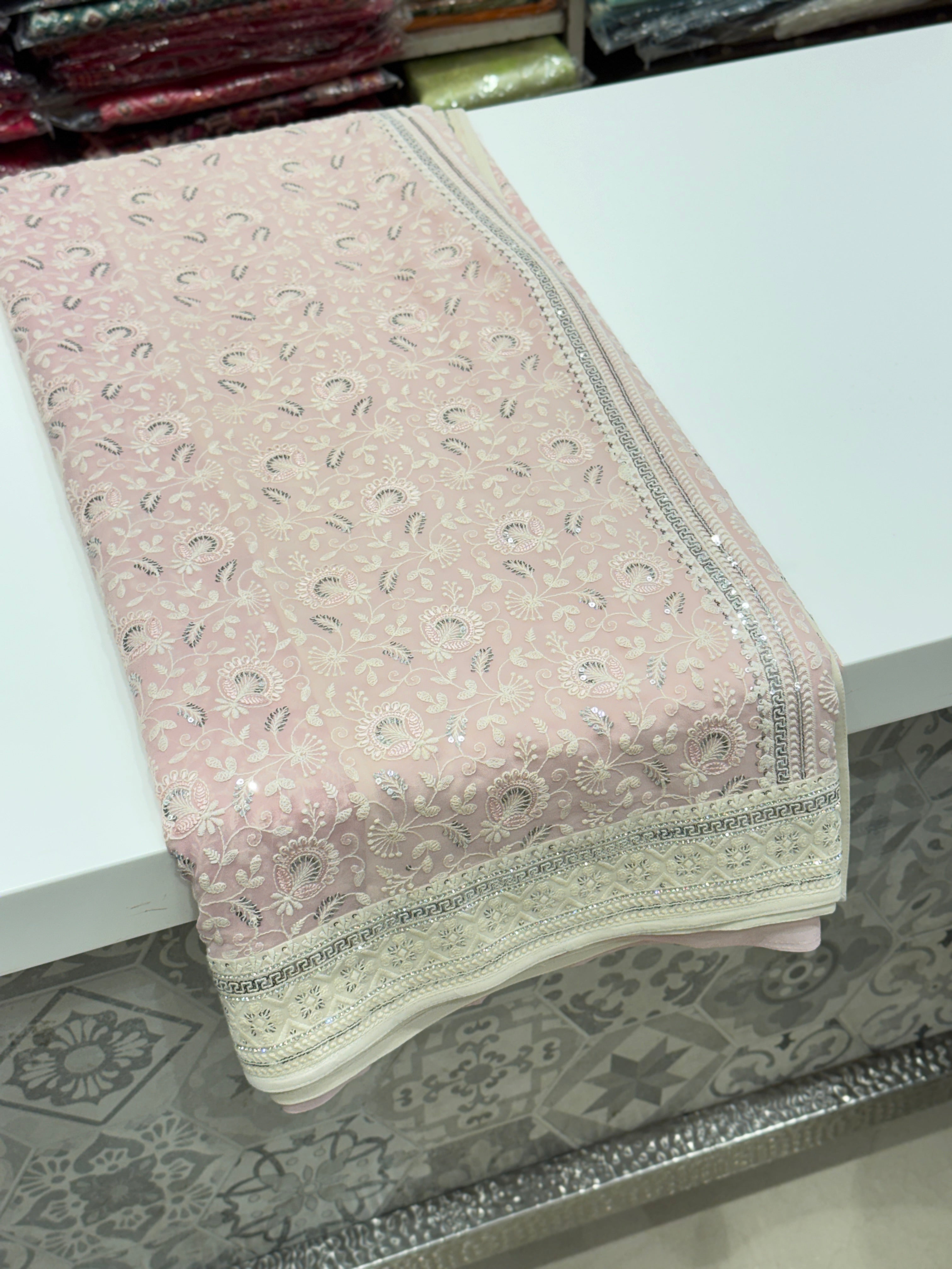 Pink Chikankari Saree Floral Design with Moti Embroidery